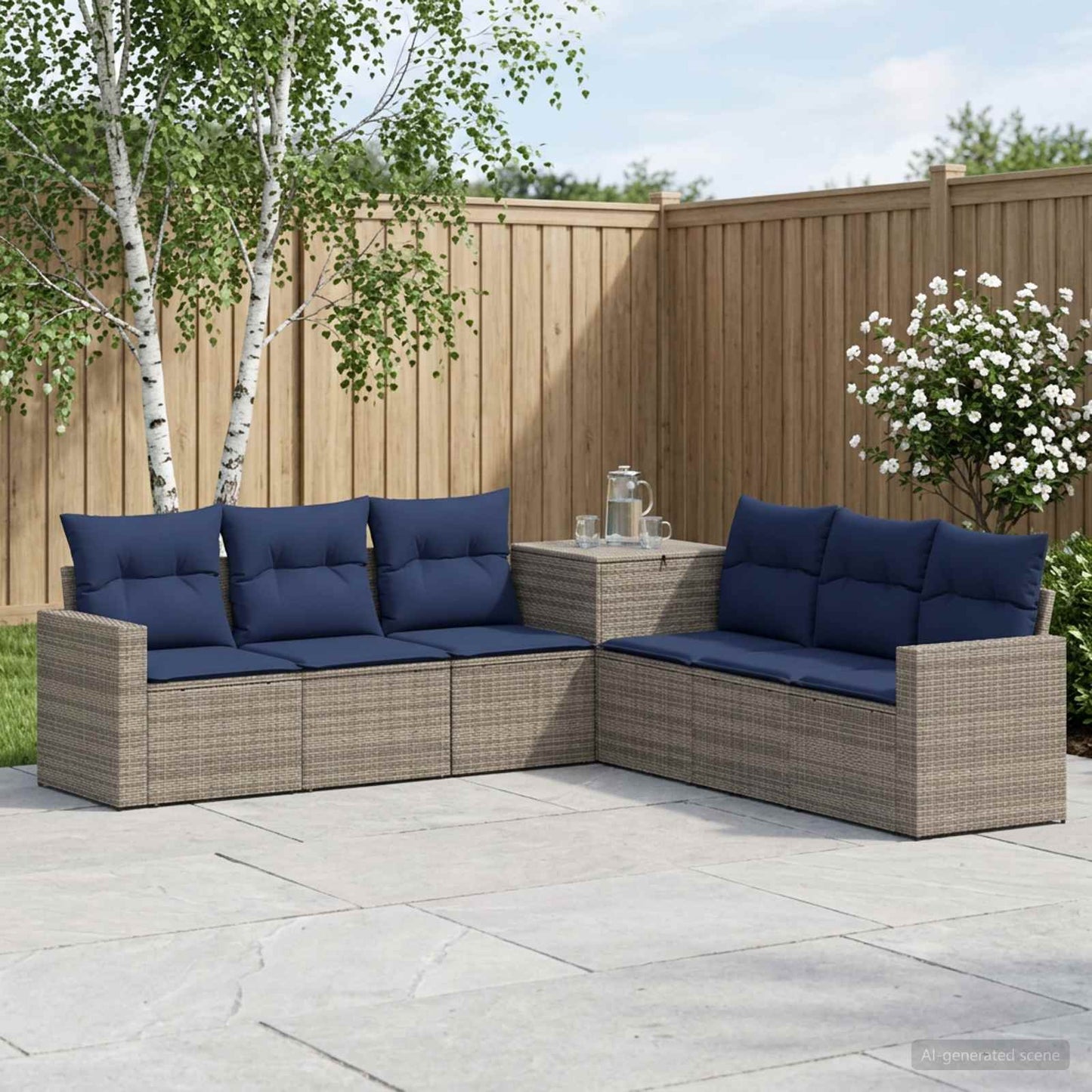 Sofa Set 7 pcs Grau und Marineblau Polyrattan und Stahl