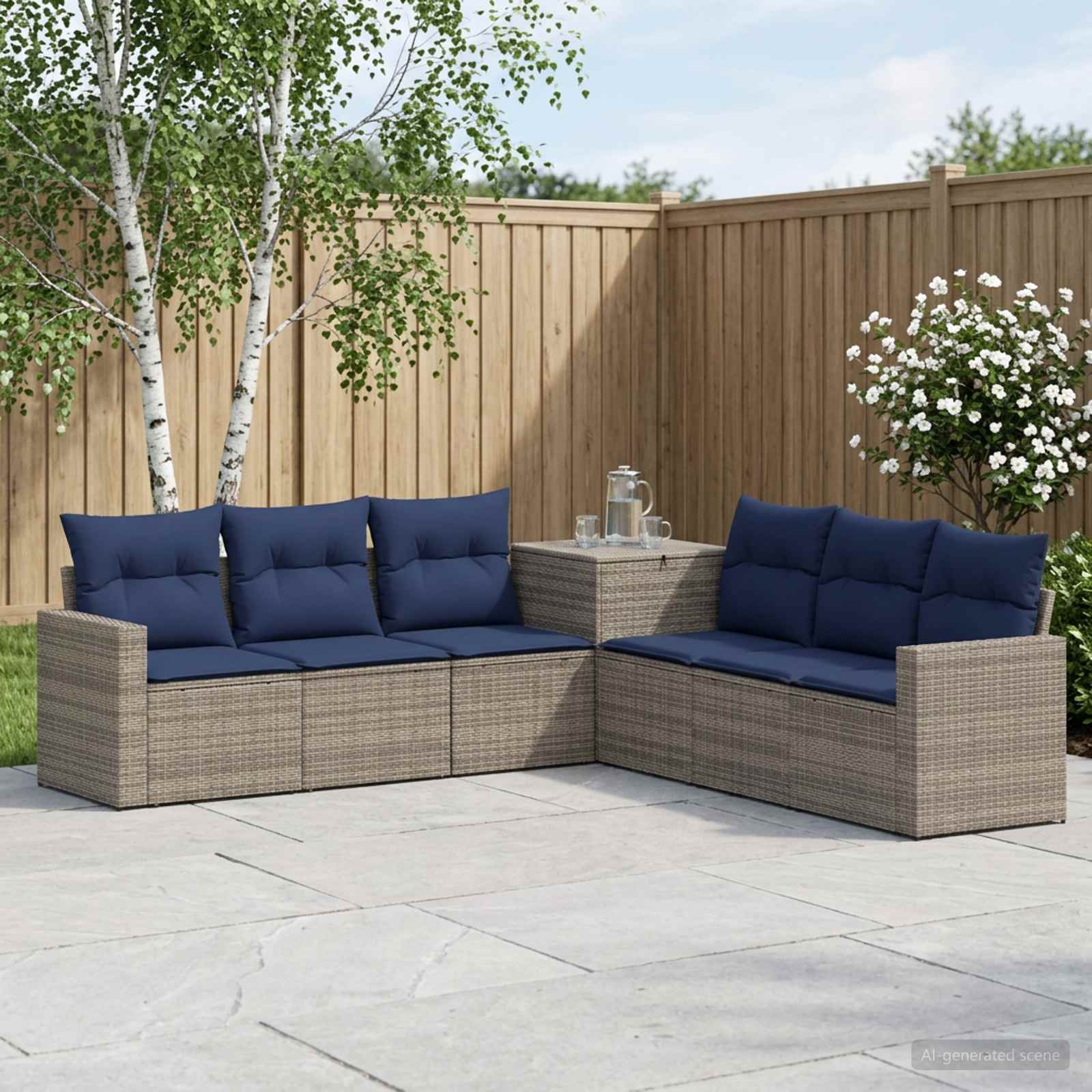 Sofa Set 7 pcs Grau und Marineblau Polyrattan und Stahl