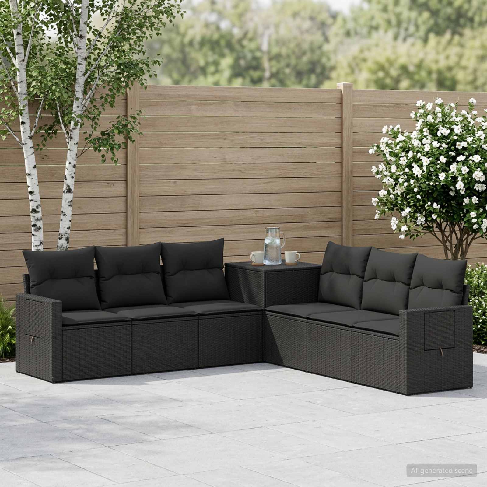 Sofa Set 7 stk. Schwarz Polyrattan und Stahl