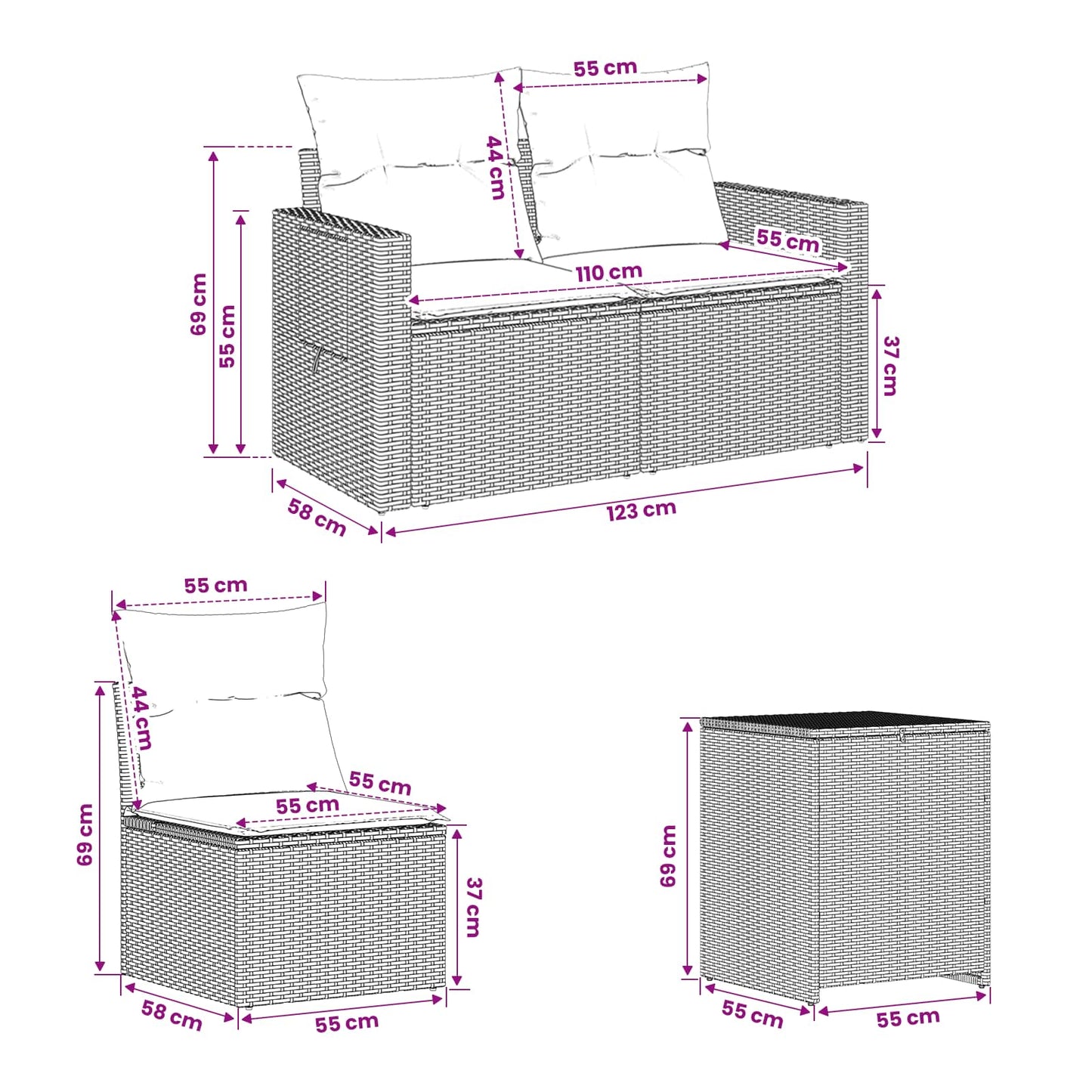 Sofa Set 7 stk. Schwarz Polyrattan und Stahl