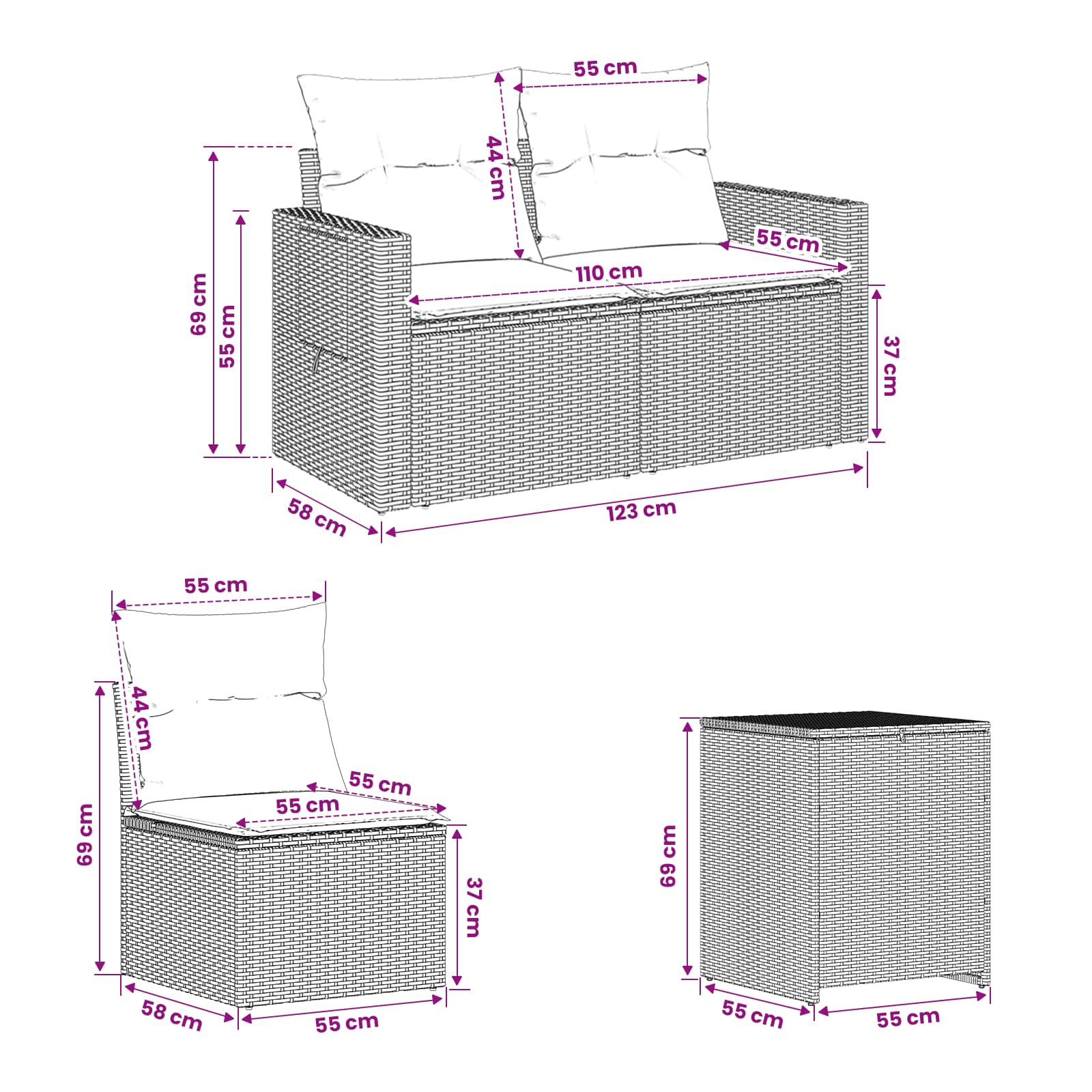 Sofa Set 7 stk. Schwarz Polyrattan und Stahl