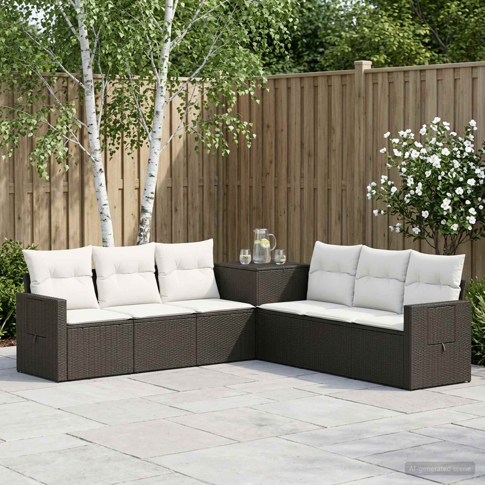 Sofa Set 7 pcs Schwarz und Cremeweiß Polyrattan und Stahl
