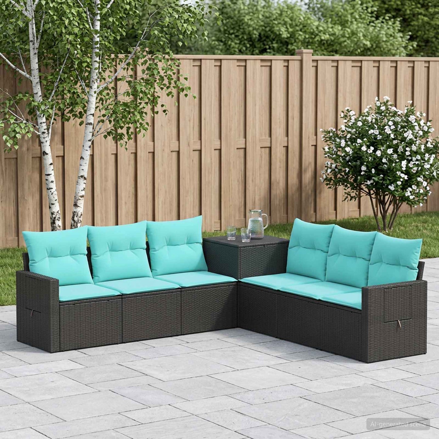 Sofa Set 7 pcs Schwarz und Blau Polyrattan und Stahl