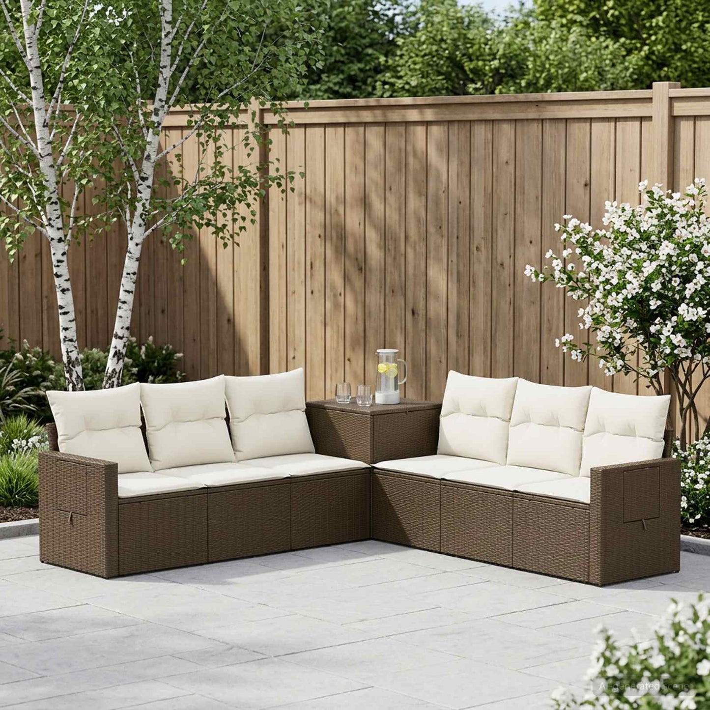 Sofa Set 7 pcs Braun und Creme Weiß Polyrattan und Stahl