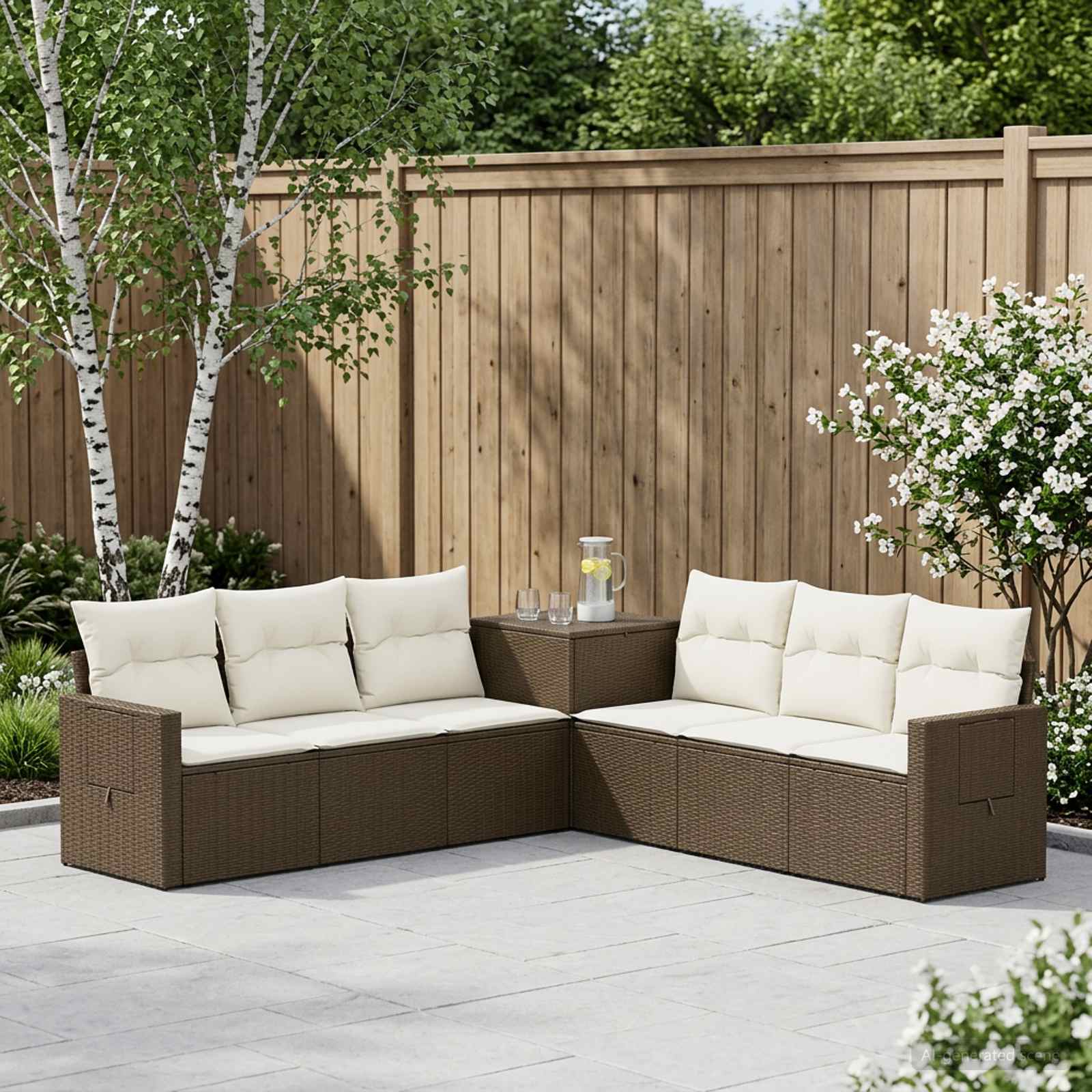 Sofa Set 7 pcs Braun und Creme Weiß Polyrattan und Stahl