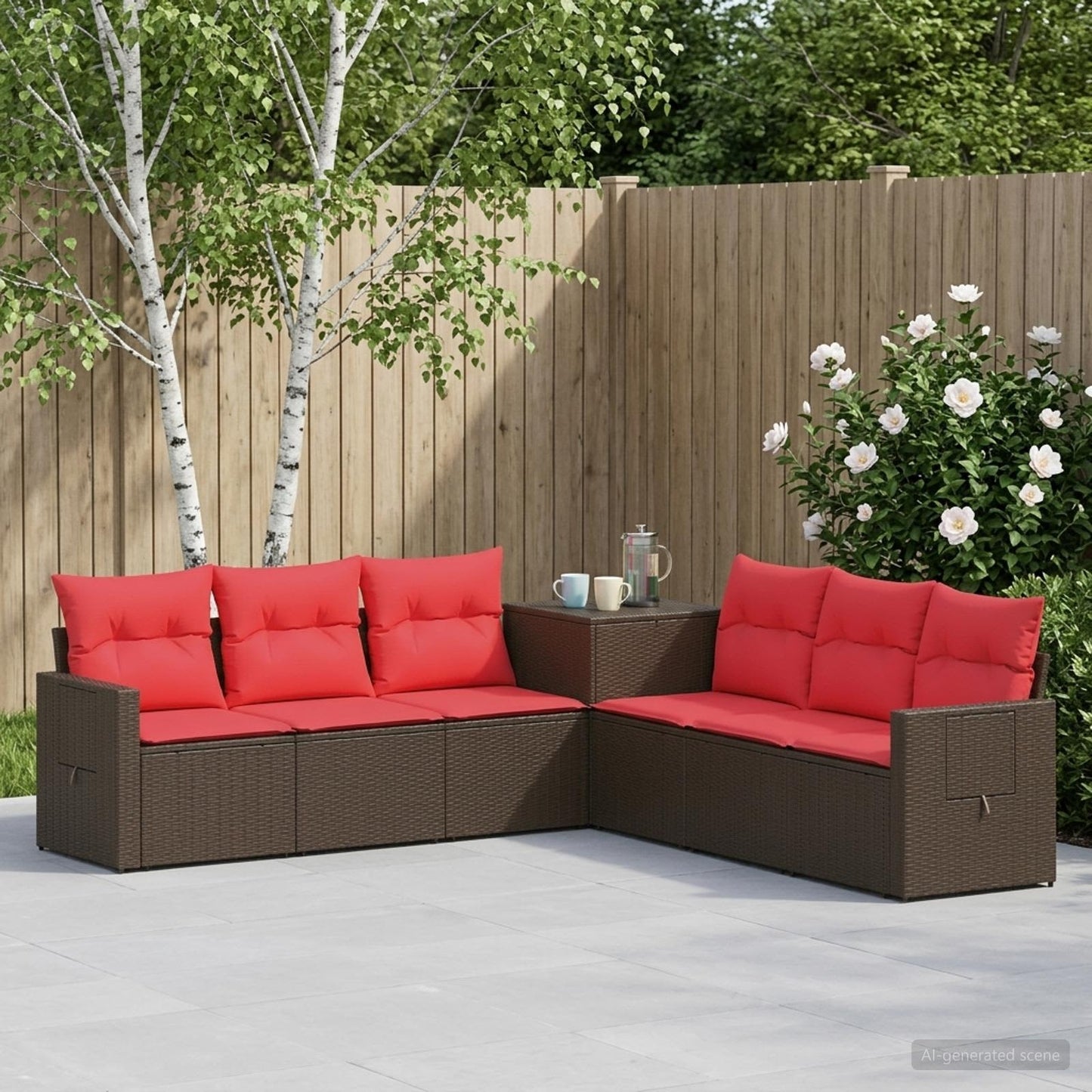 Sofa Set 7 pcs Braun und Rot Polyrattan und Stahl