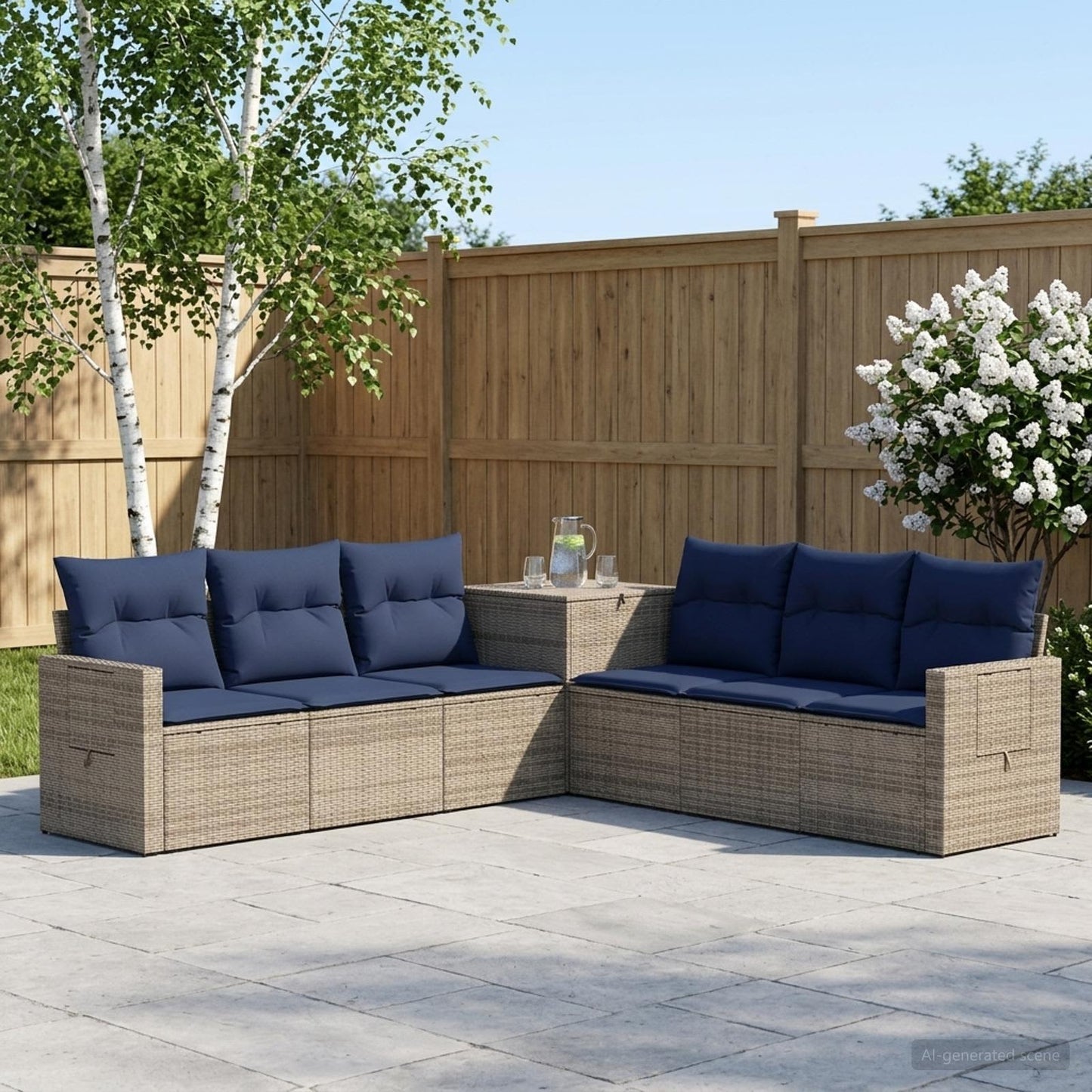 Sofa Set 7 pcs Grau und Marineblau Polyrattan und Stahl