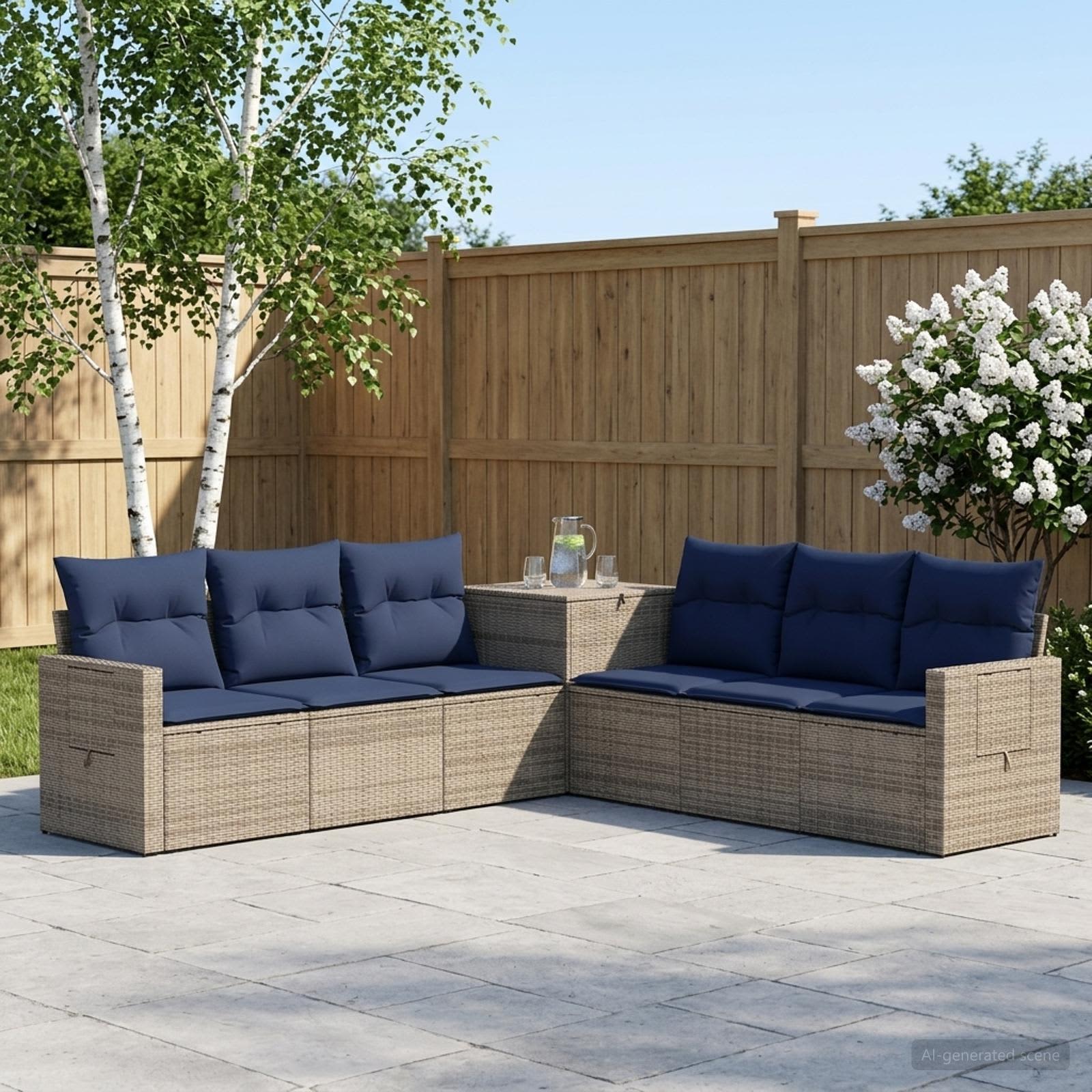 Sofa Set 7 pcs Grau und Marineblau Polyrattan und Stahl
