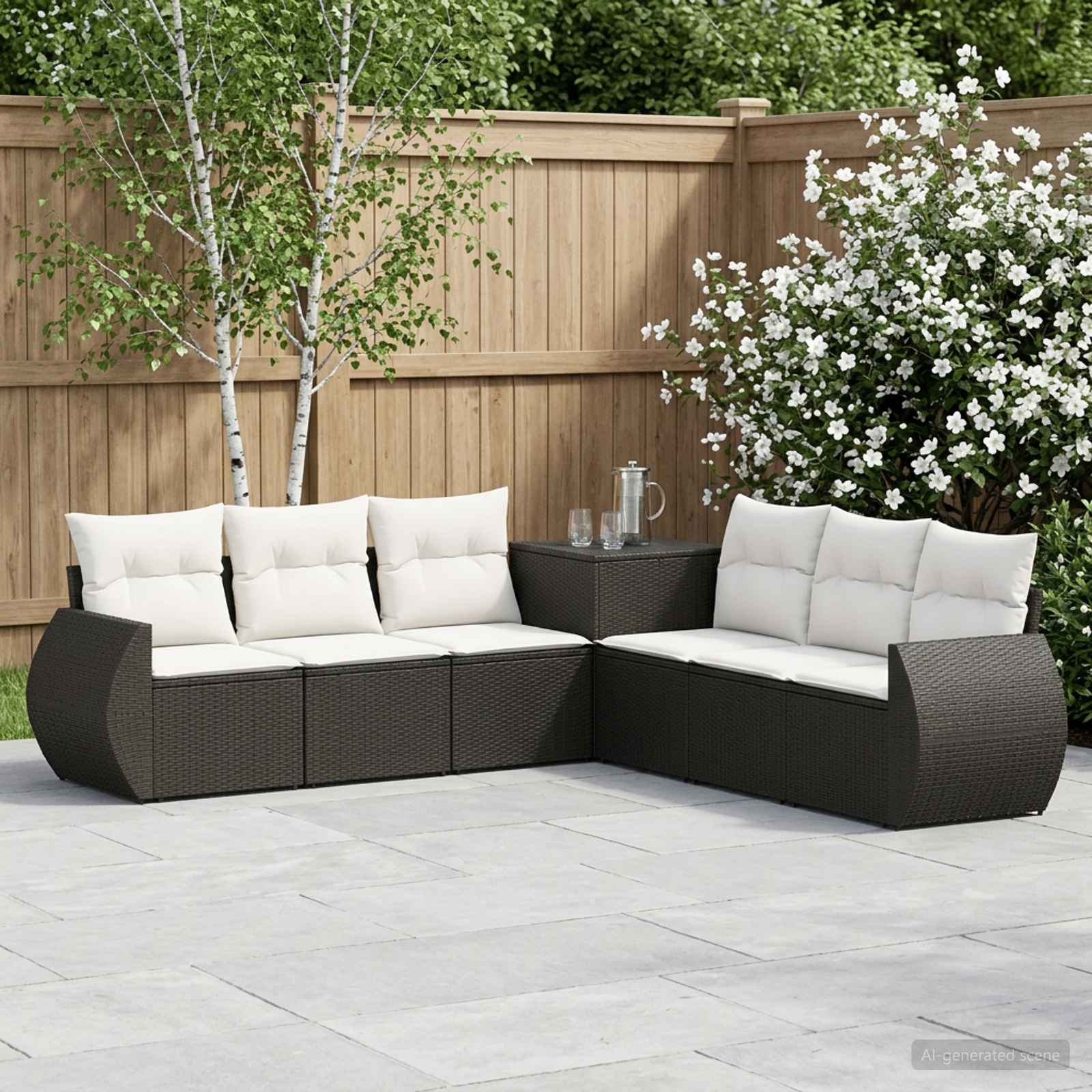 Sofa Set 7 pcs Schwarz und Cremeweiß Polyrattan und Stahl