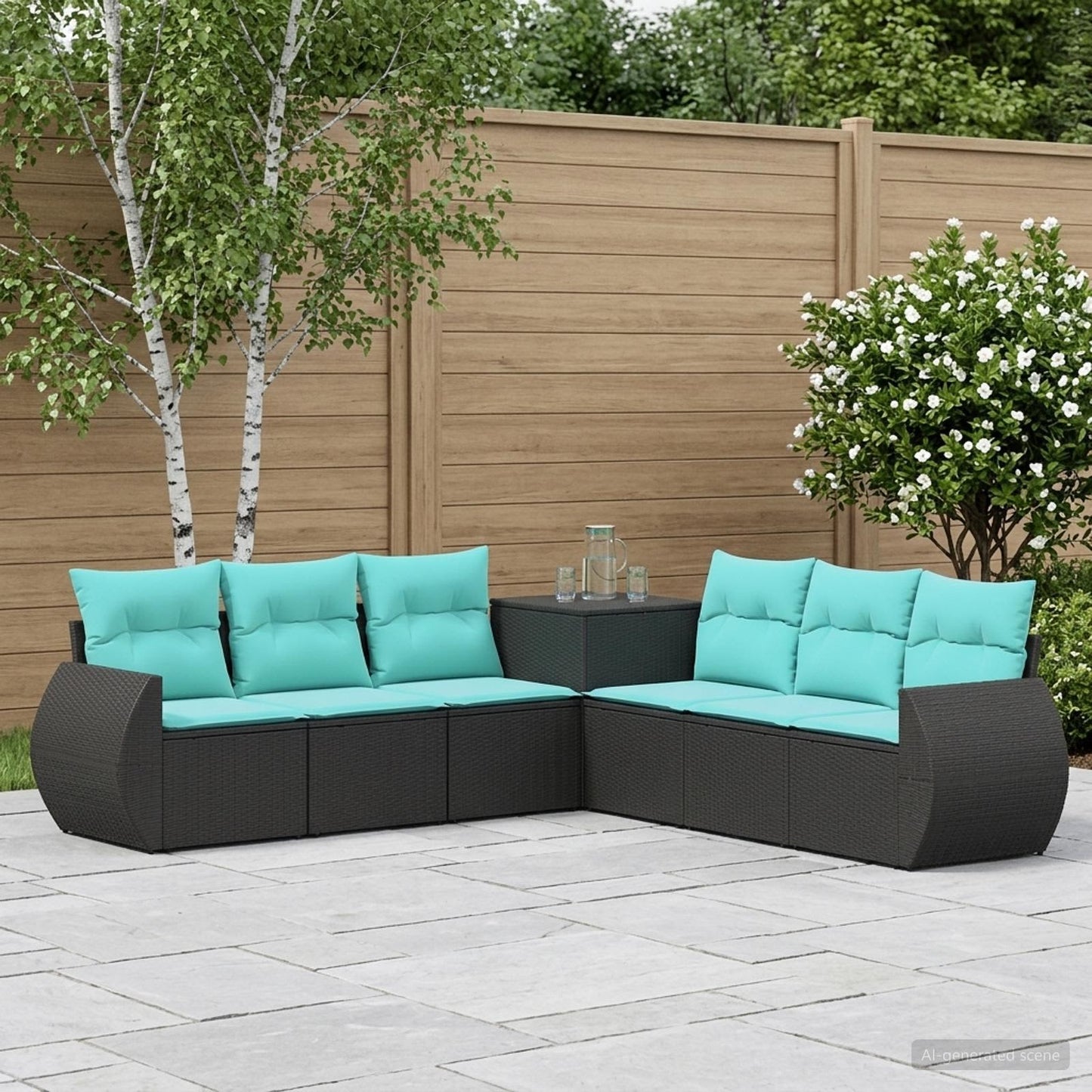 Sofa Set 7 pcs Schwarz und Blau Polyrattan und Stahl