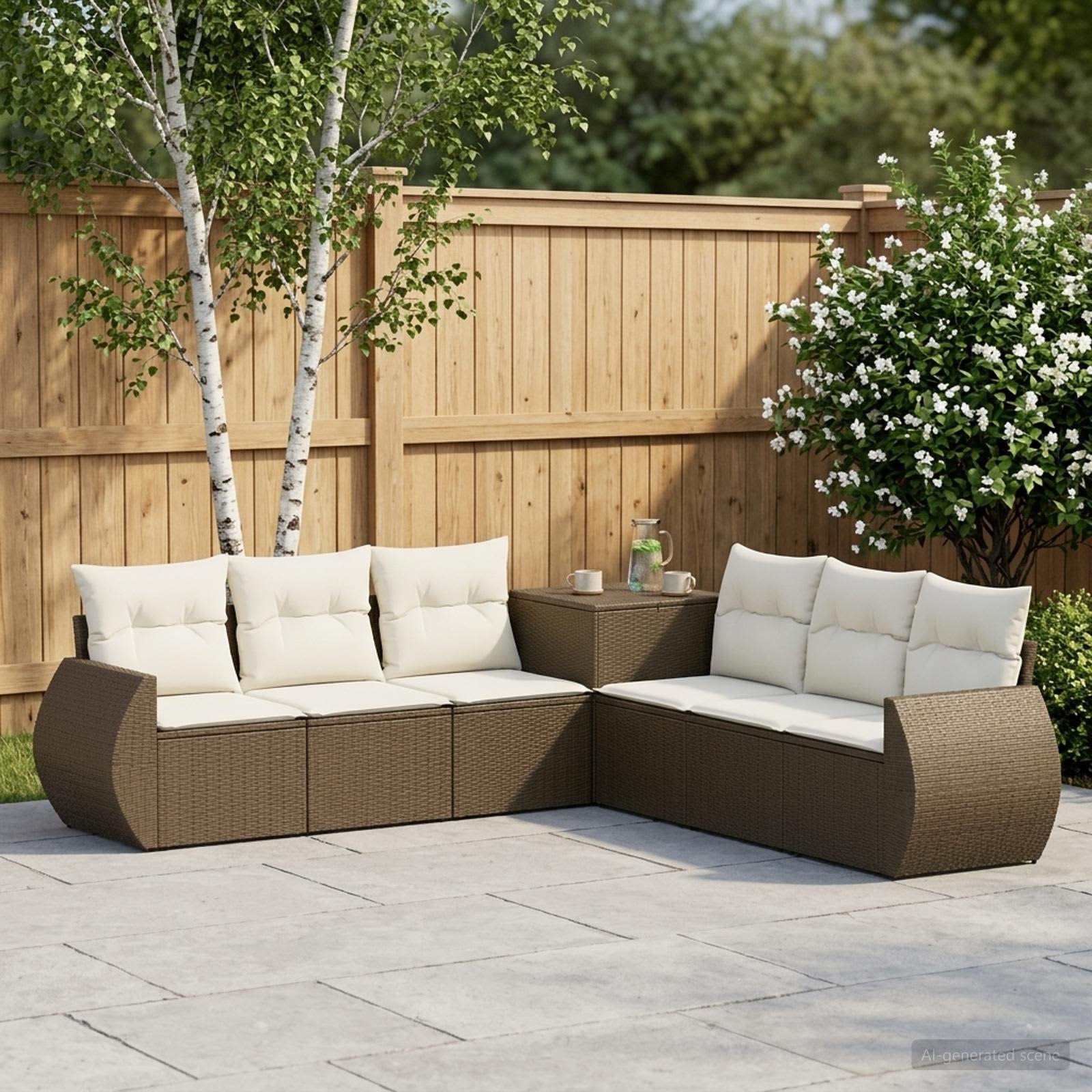 Sofa Set 7 pcs Braun und Creme Weiß Polyrattan und Stahl
