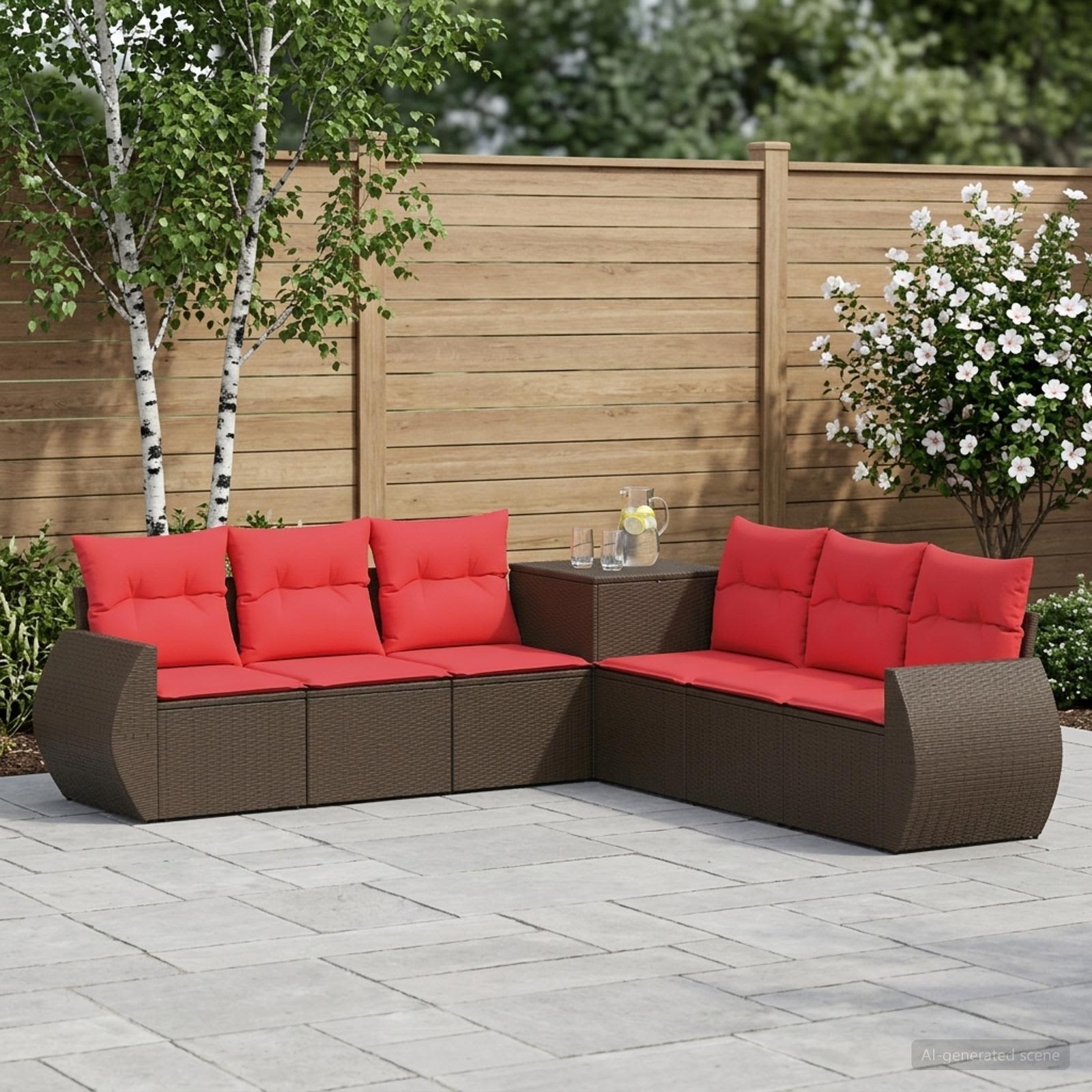 Sofa Set 7 pcs Braun und Rot Polyrattan und Stahl