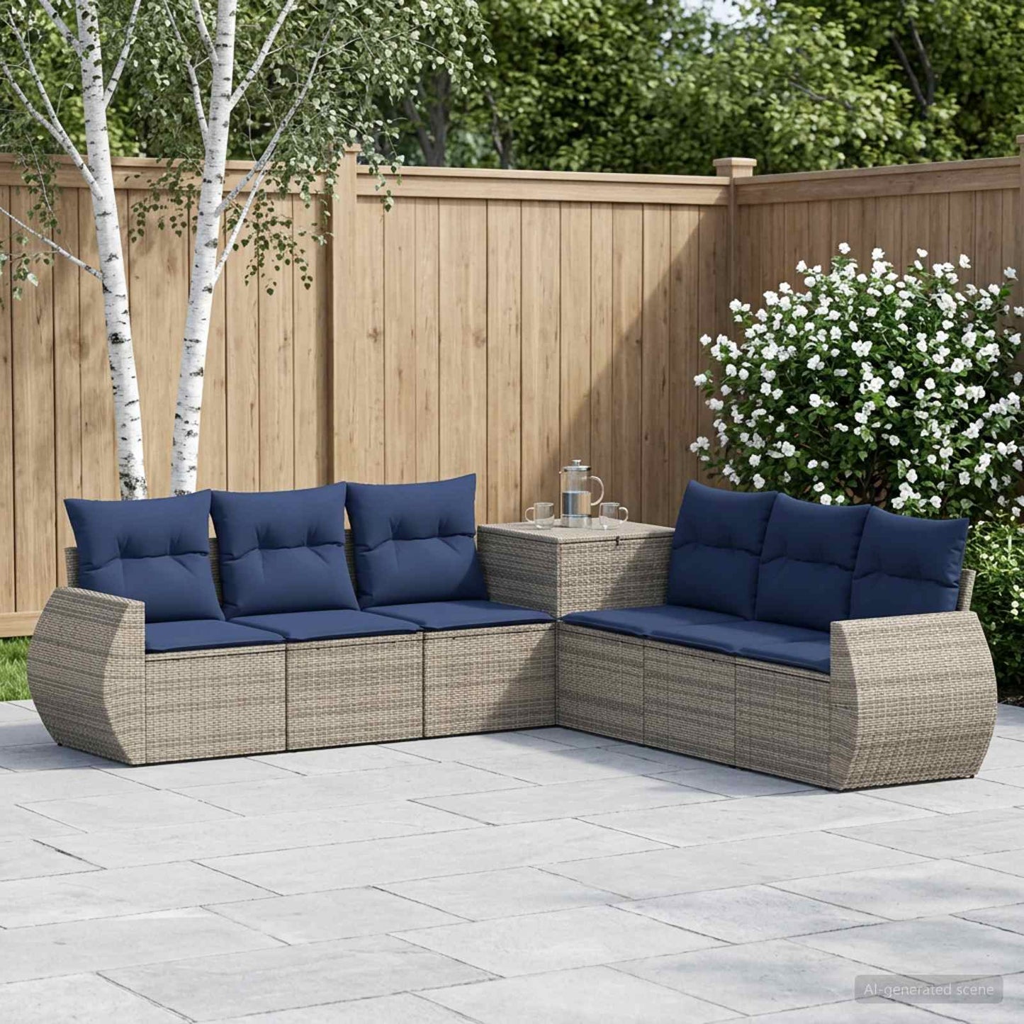 Sofa Set 7 stk. Grau und Marineblau Polyrattan und Stahl