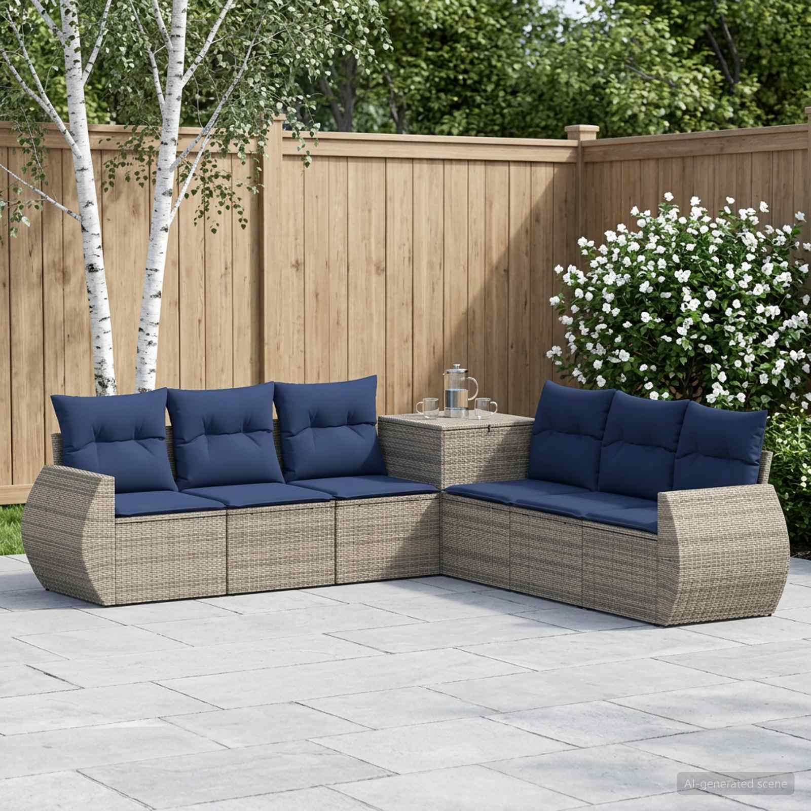 Sofa Set 7 stk. Grau und Marineblau Polyrattan und Stahl