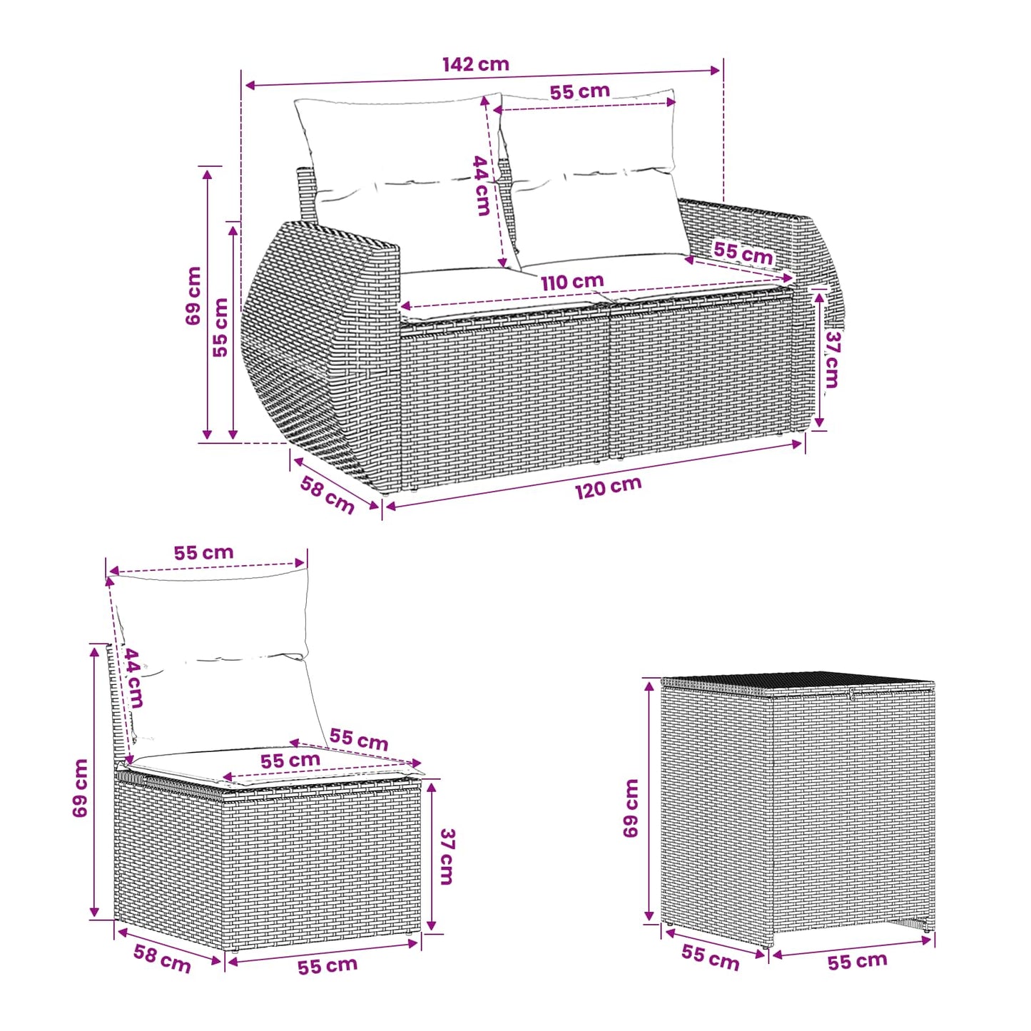 Sofa Set 7 stk. Grau und Marineblau Polyrattan und Stahl