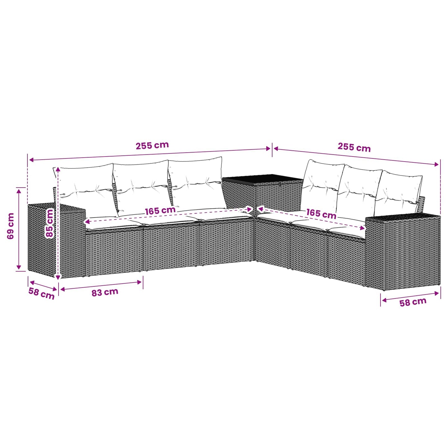 Sofa Set 7 stk. Schwarz Polyrattan und Stahl