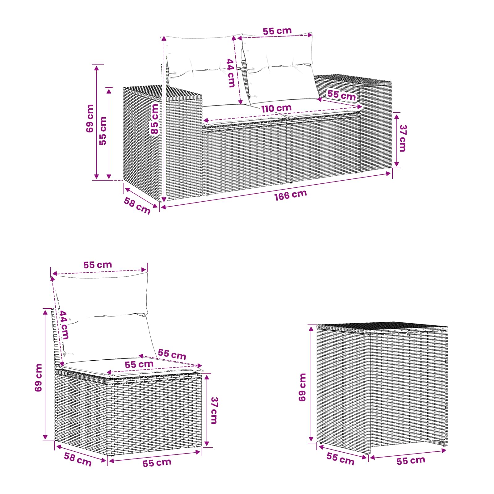 Sofa Set 7 stk. Schwarz Polyrattan und Stahl
