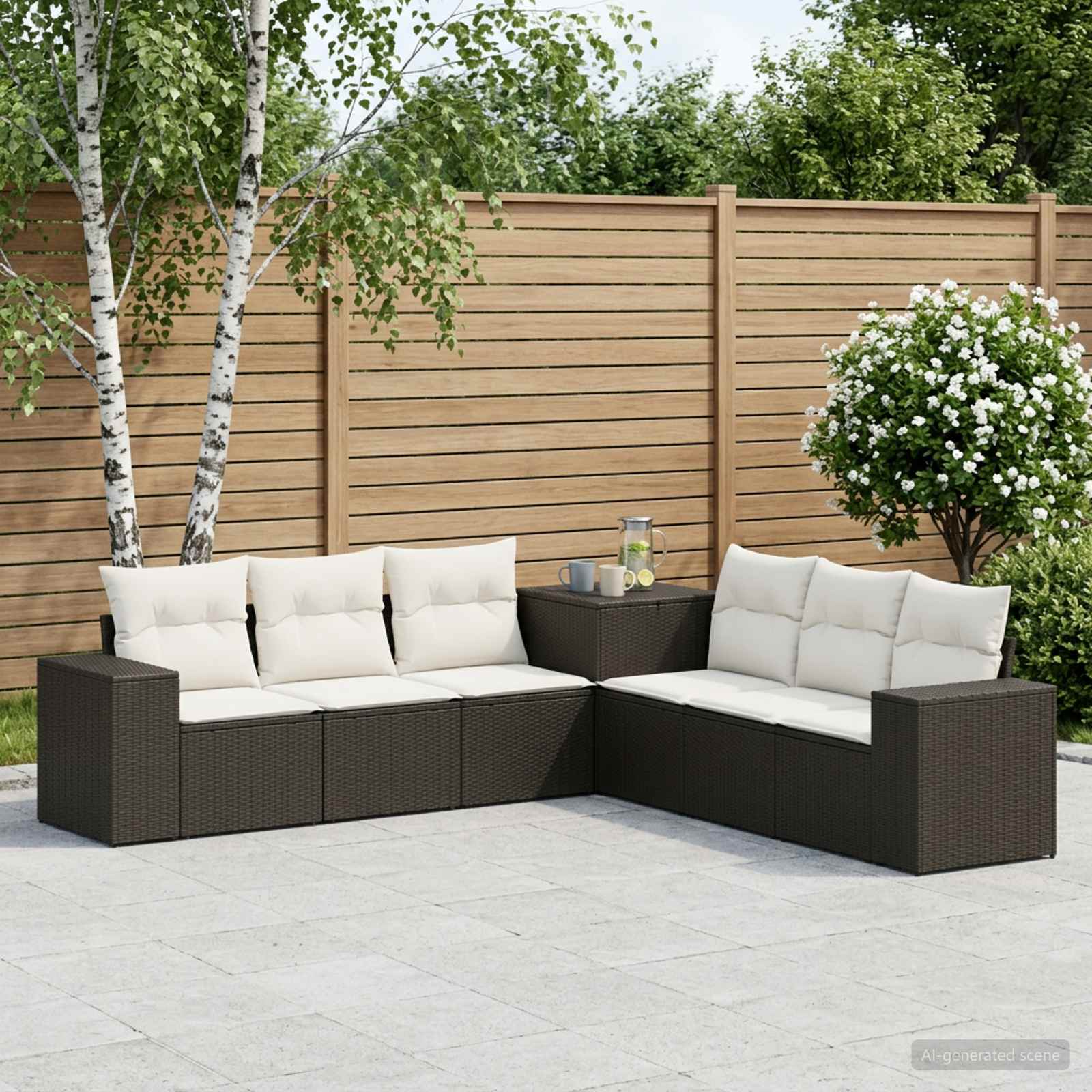 Sofa Set 7 pcs Schwarz und Cremeweiß Polyrattan und Stahl