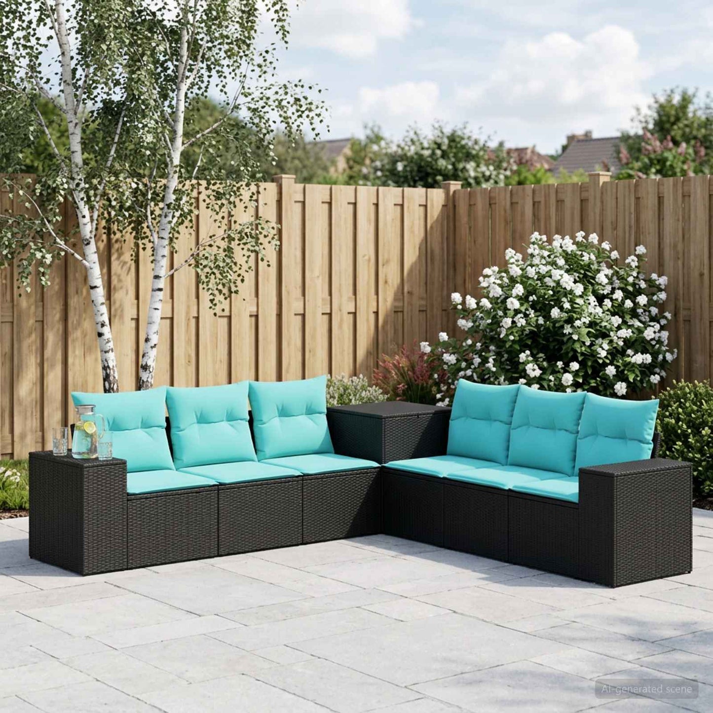Sofa Set 7 pcs Schwarz und Blau Polyrattan und Stahl