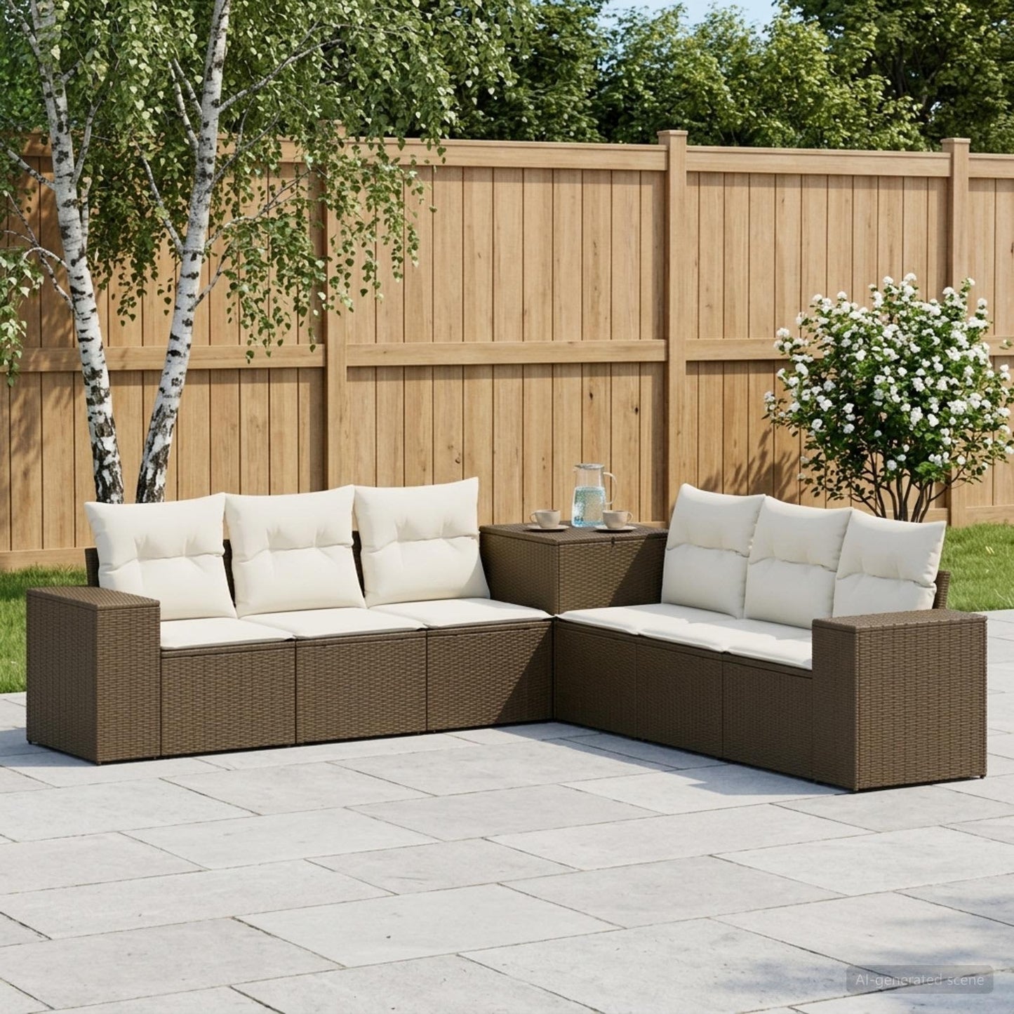Sofa Set 7 pcs Braun und Creme Weiß Polyrattan und Stahl