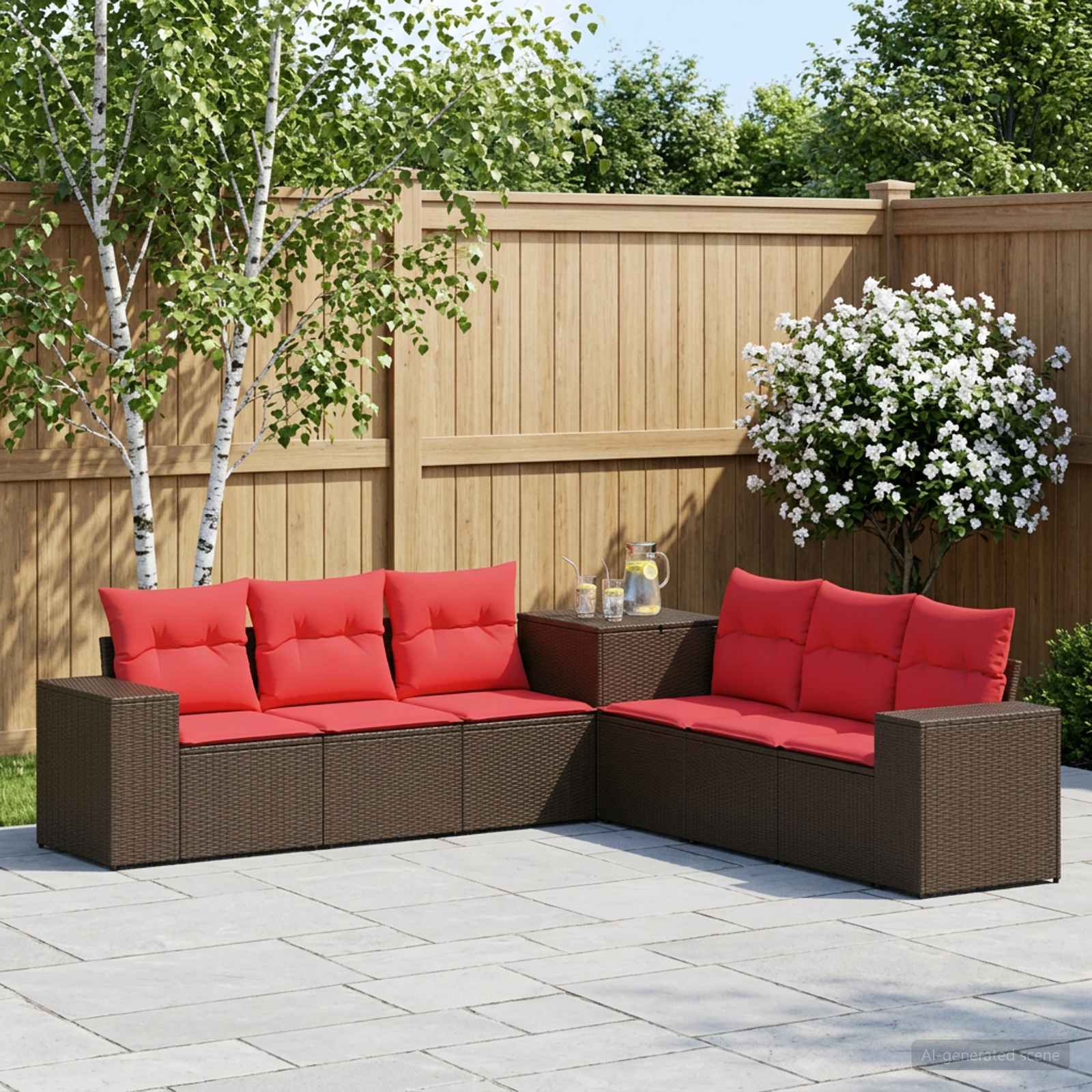 Sofa Set 7 pcs Braun und Rot Polyrattan und Stahl