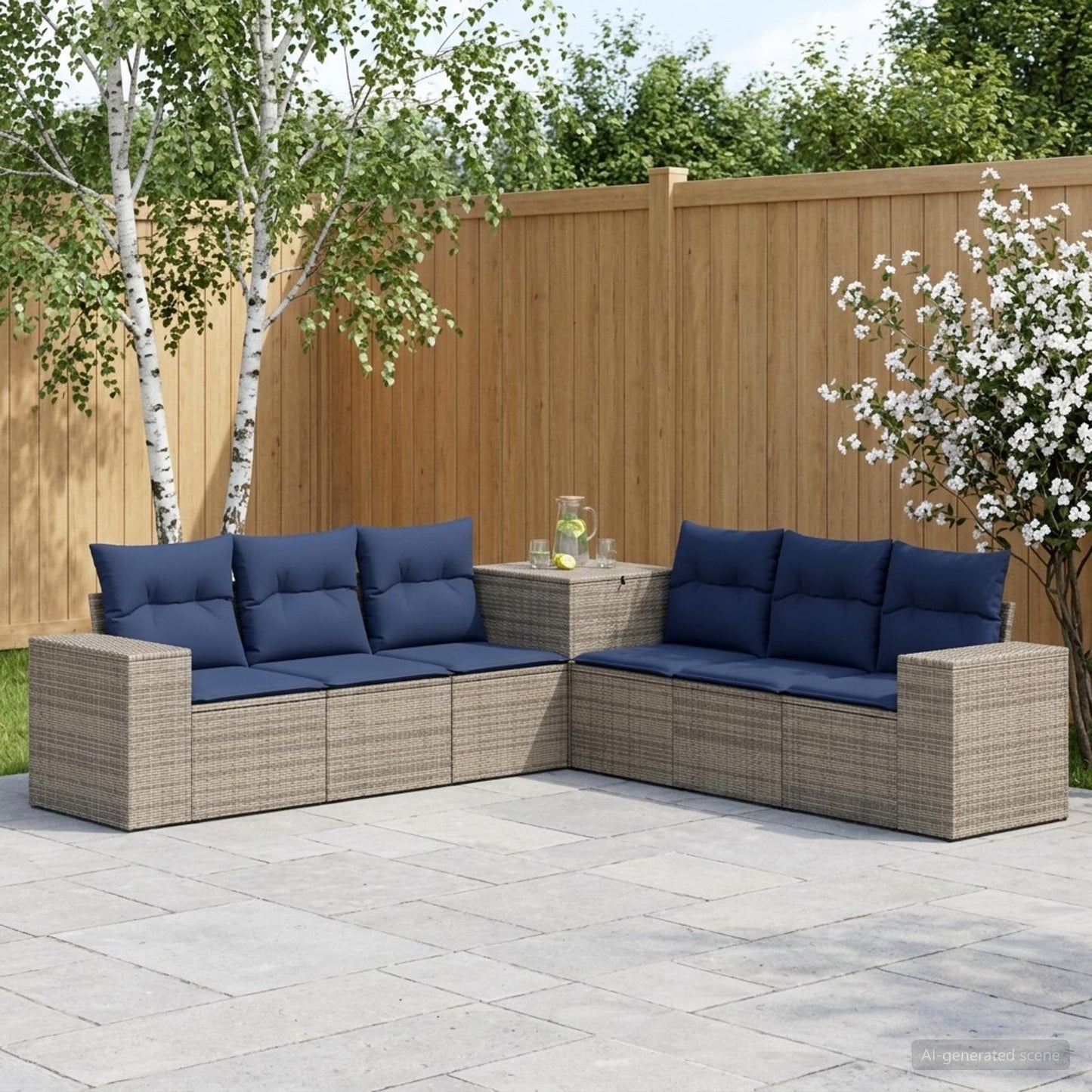 Sofa Set 7 pcs Grau und Marineblau Polyrattan und Stahl