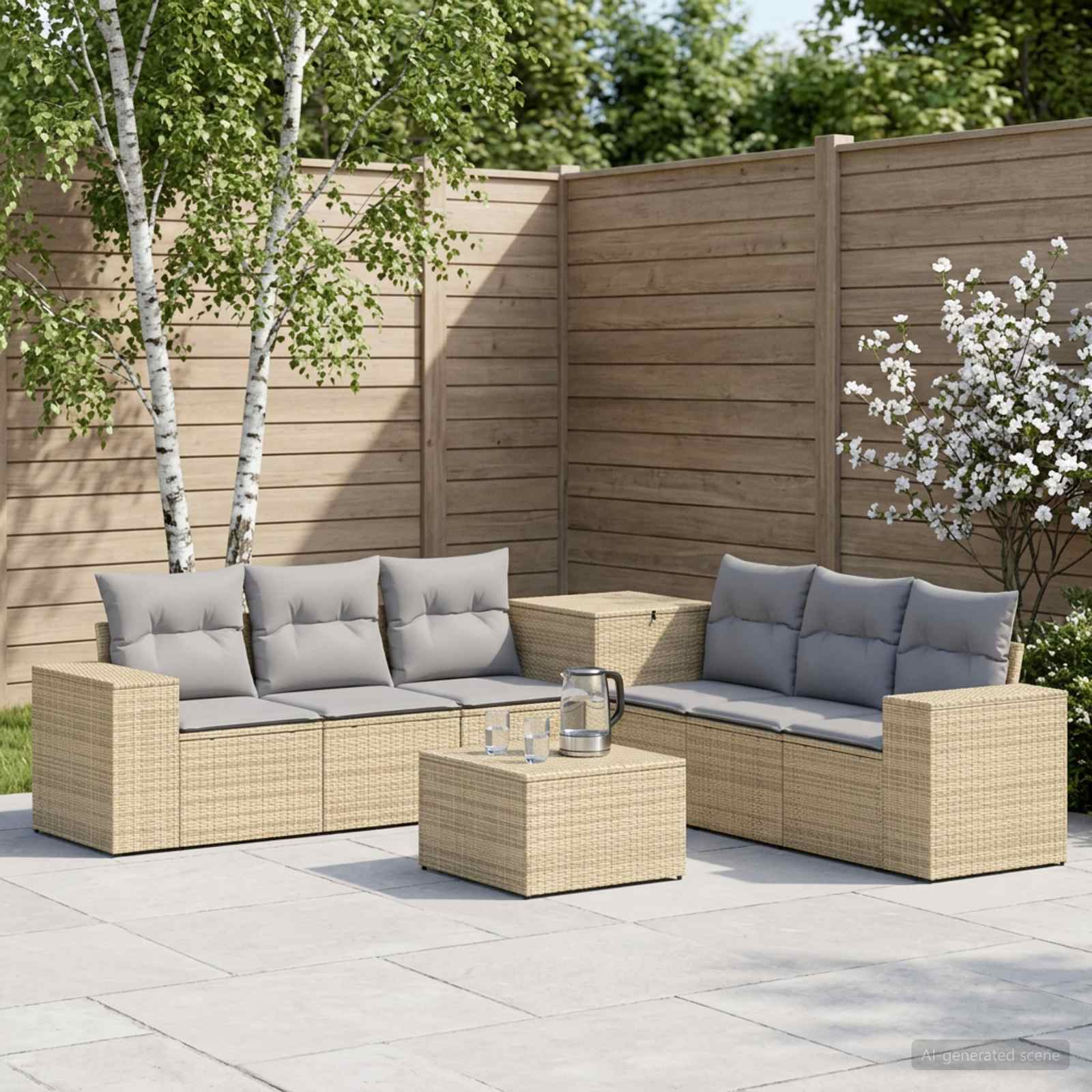 Sofa Set 7 pcs Beige und Hellgrau Polyrattan und Stahl