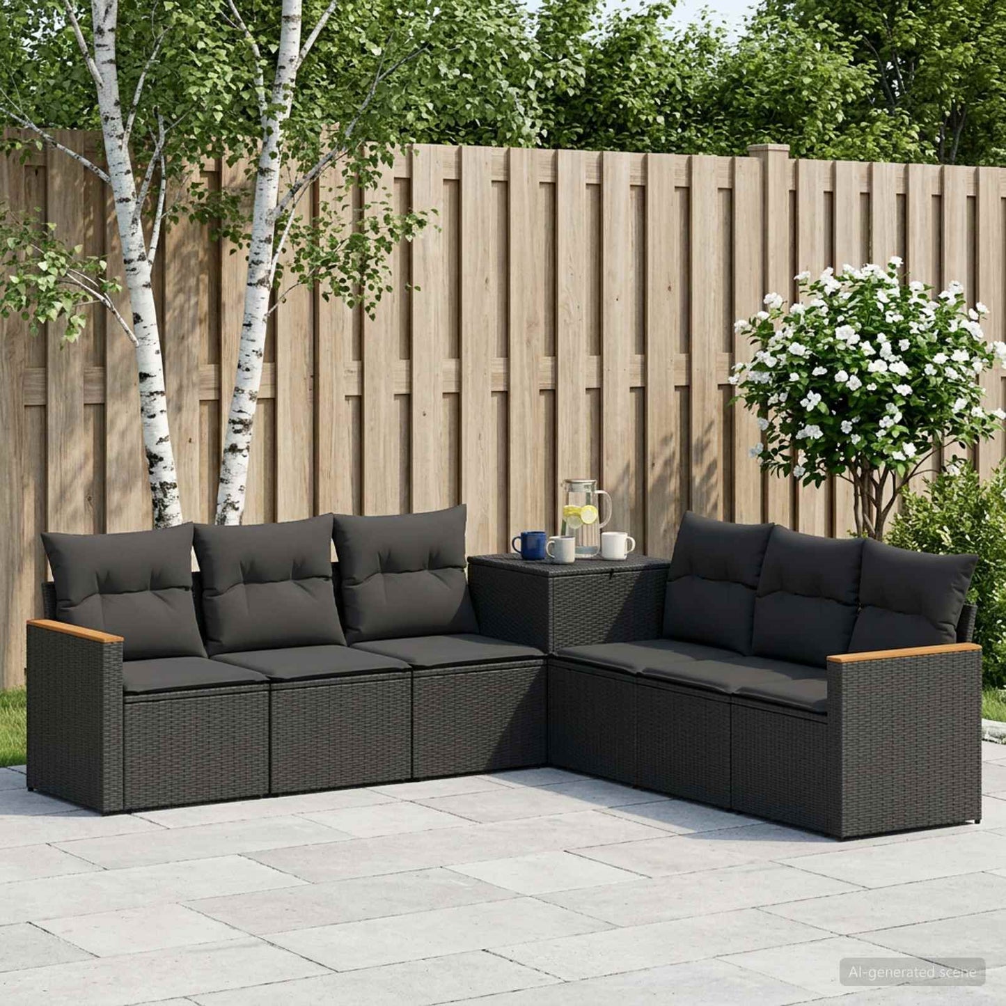 Sofa Set 7 pcs Schwarz Polyrattan und Stahl