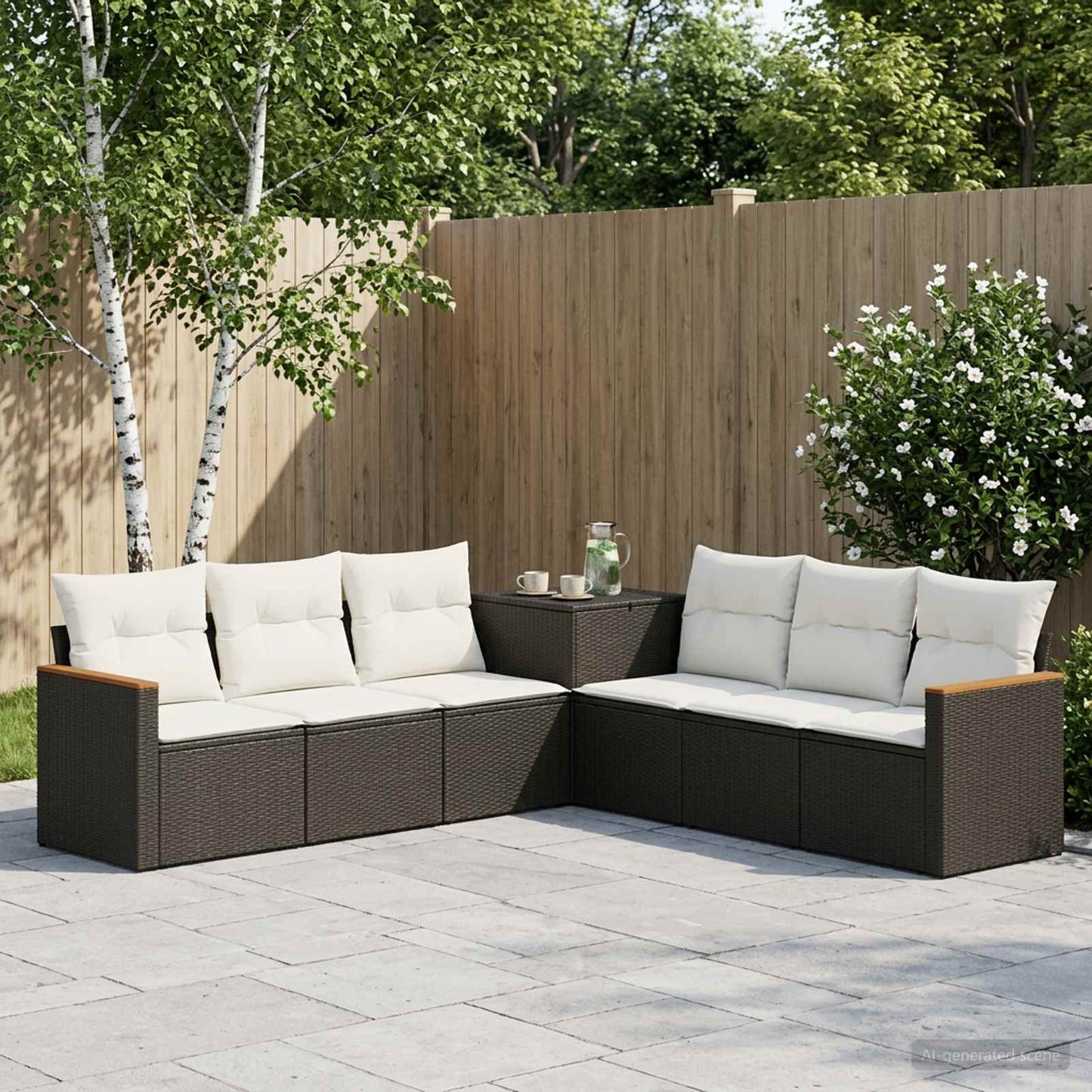 Sofa Set 7 pcs Schwarz und Cremeweiß Polyrattan und Stahl