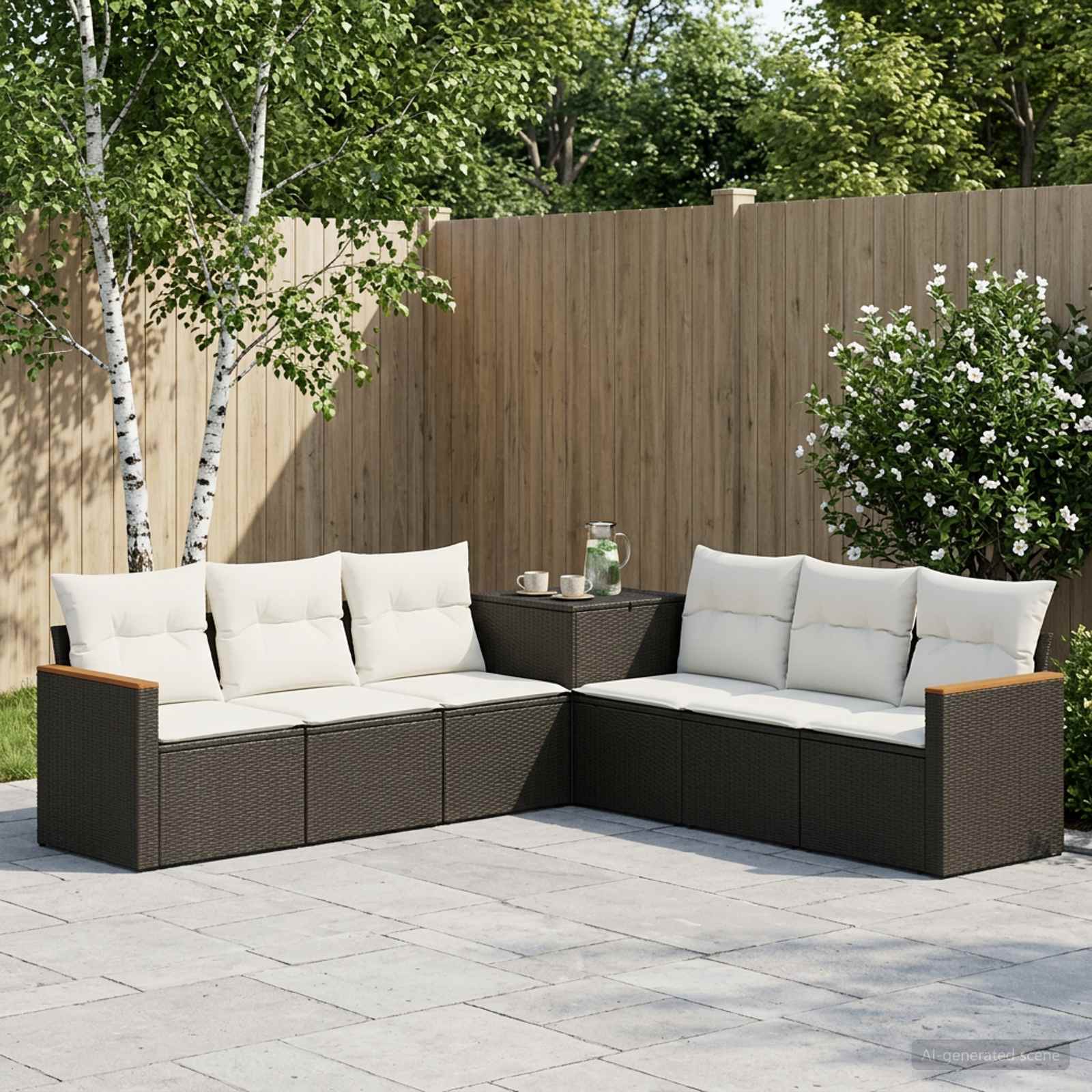 Sofa Set 7 pcs Schwarz und Cremeweiß Polyrattan und Stahl