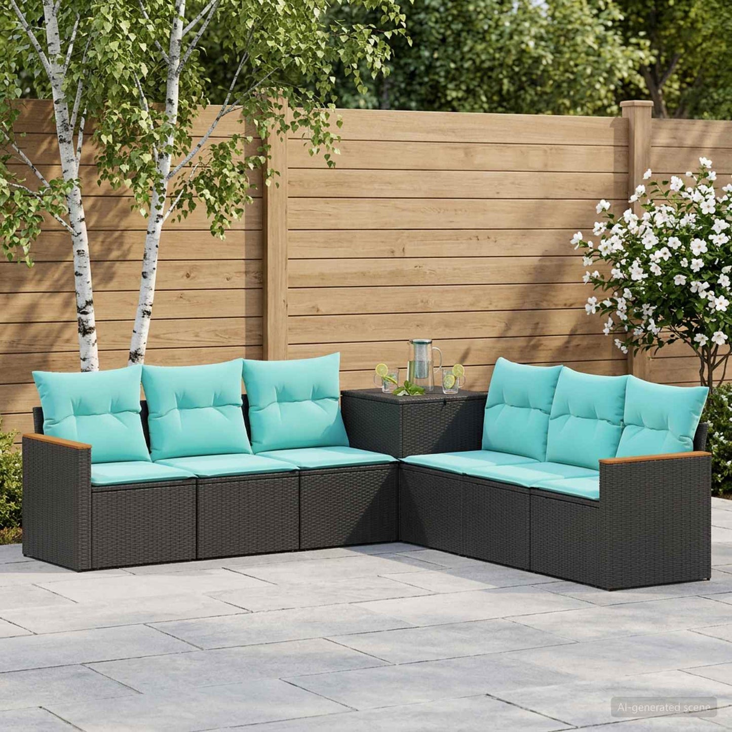 Sofa Set 7 pcs Schwarz und Blau Polyrattan und Stahl