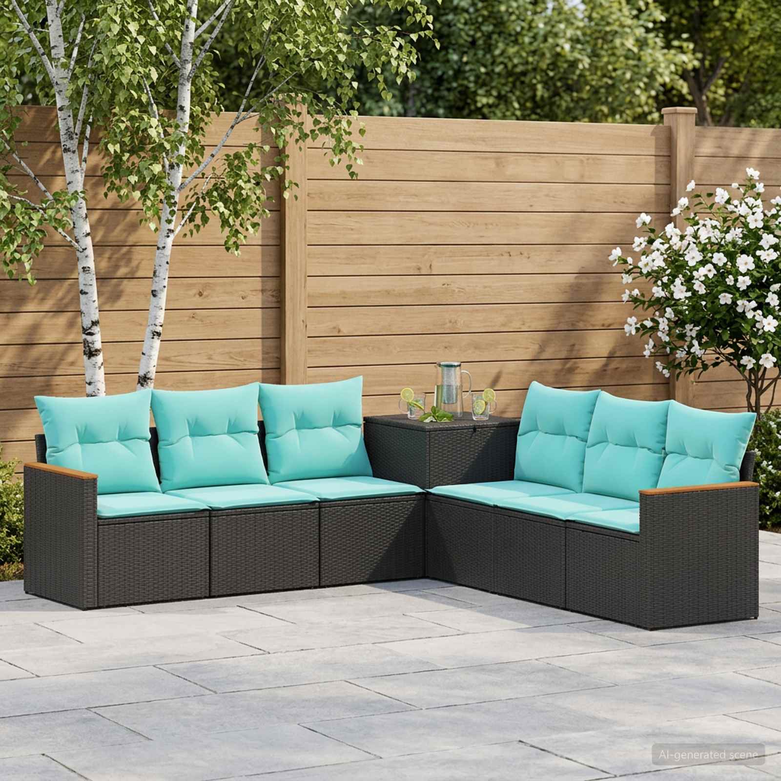 Sofa Set 7 pcs Schwarz und Blau Polyrattan und Stahl