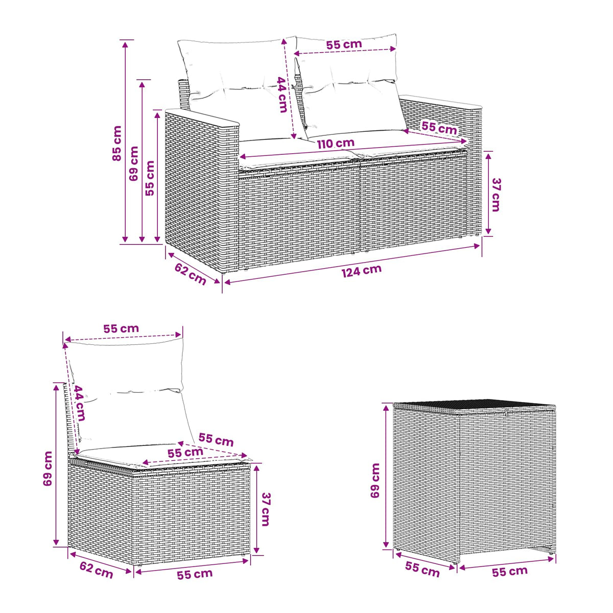 Sofa Set 7 stk. Schwarz und Blau 123 x 62 x 69 cm