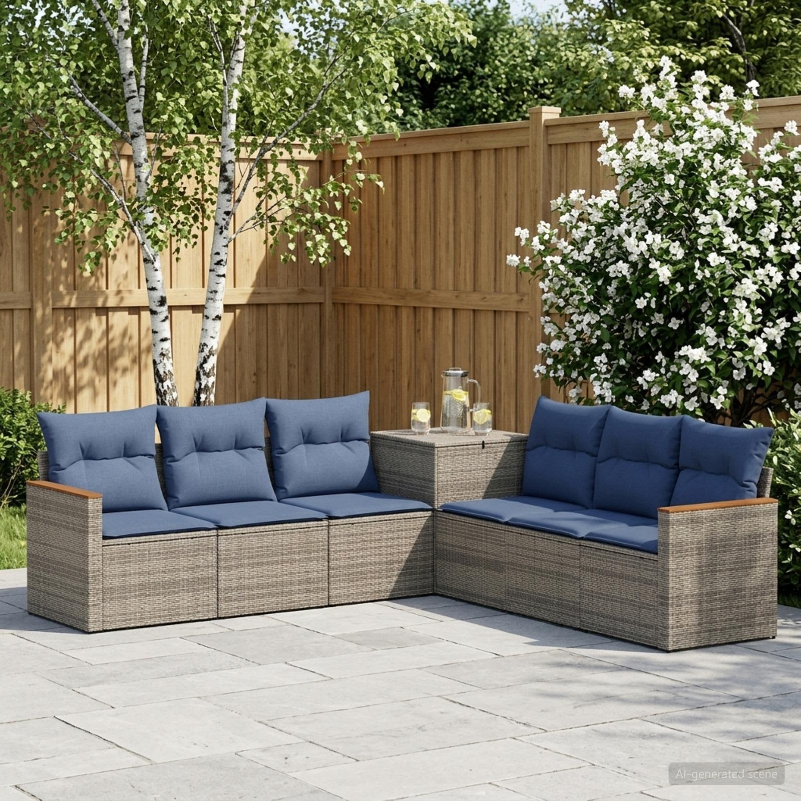 Sofa Set 7 pcs Grau und Marineblau Polyrattan und Stahl