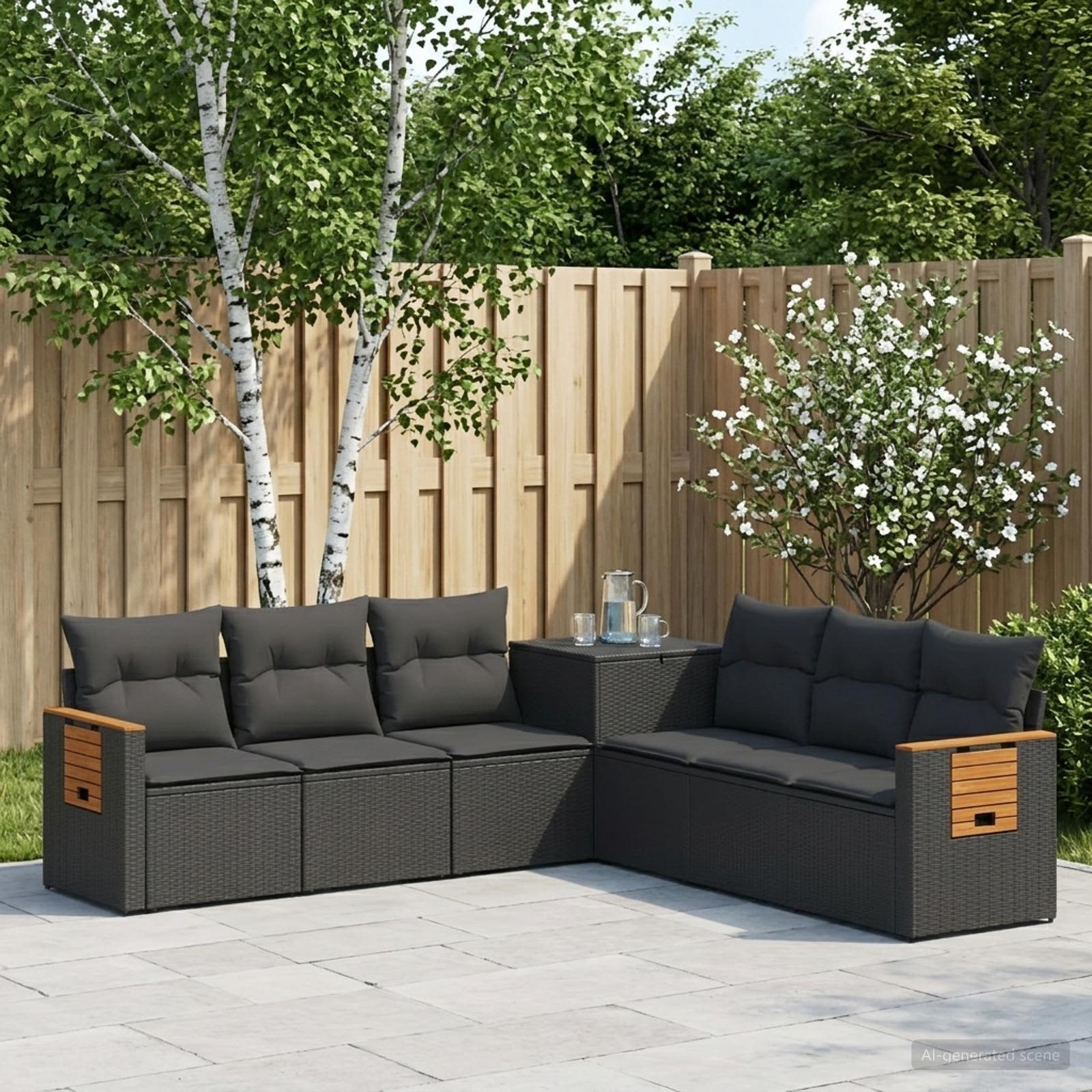 Sofa Set 7 stk. Schwarz Polyrattan und Stahl