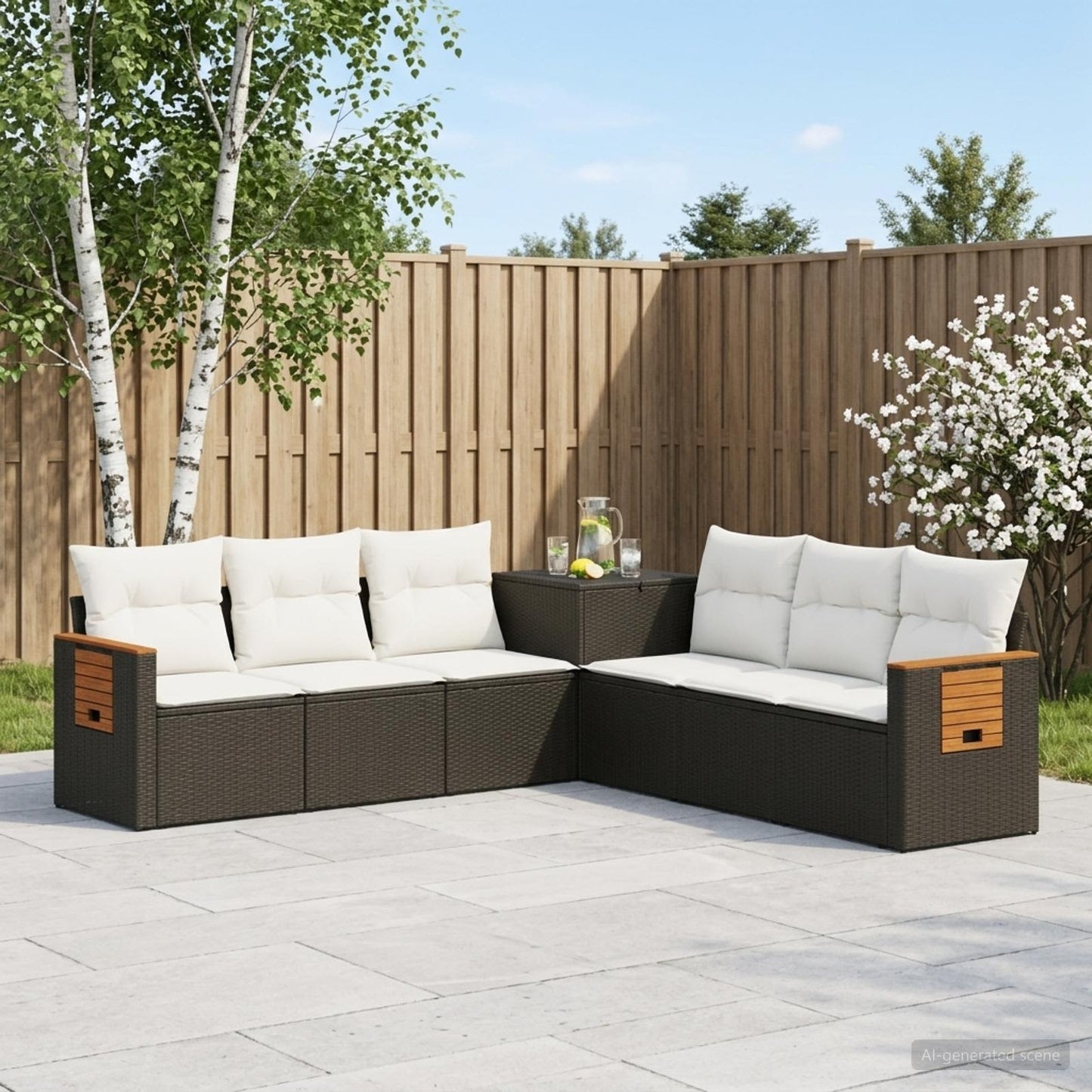 Sofa Set 7 pcs Schwarz und Cremeweiß Polyrattan und Stahl