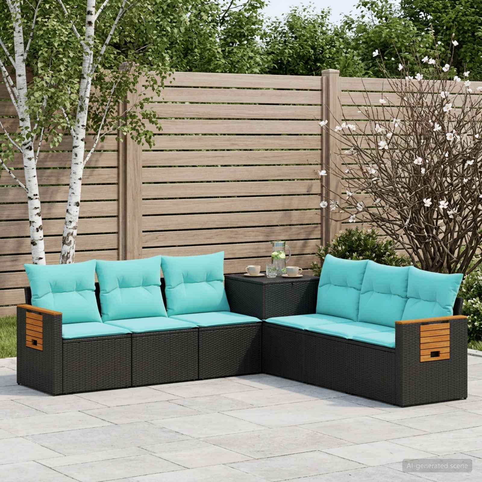 Sofa Set 7 pcs Schwarz und Blau Polyrattan und Stahl
