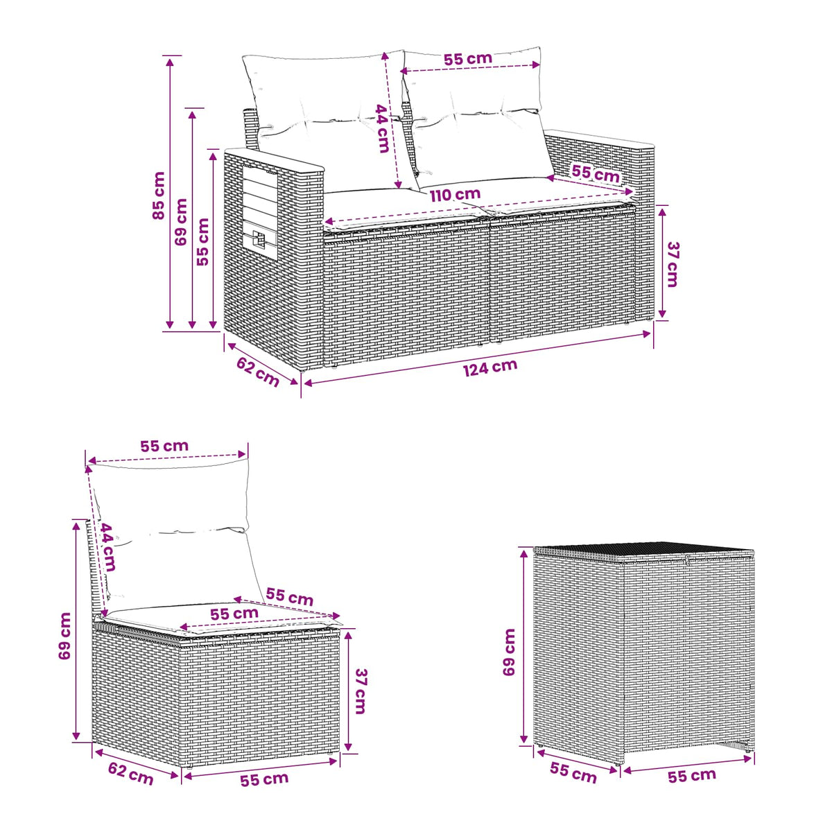 Sofa Set 7 stk. Grau und Marineblau 123 x 62 x 69 cm