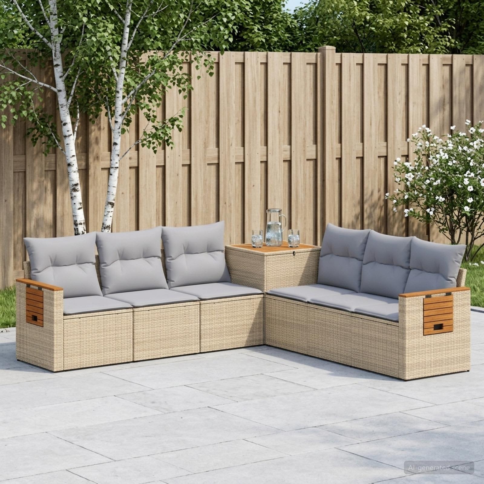 Sofa Set 7 pcs Beige und Hellgrau Polyrattan und Stahl