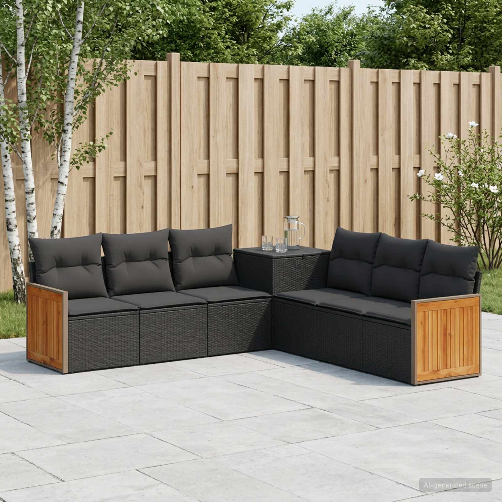 Sofa Set 7 stk. Schwarz Polyrattan und Stahl