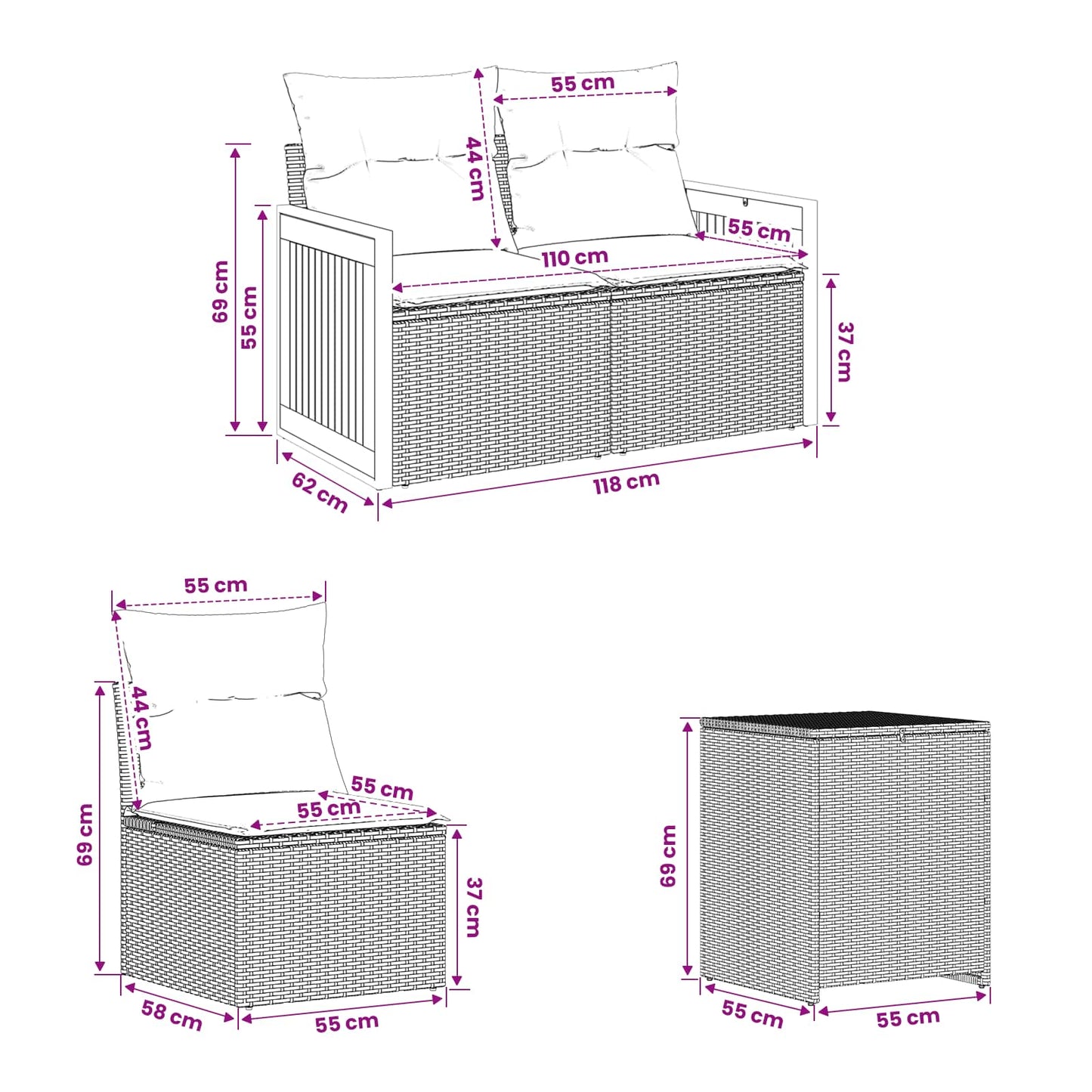 Sofa Set 7 stk. Schwarz Polyrattan und Stahl