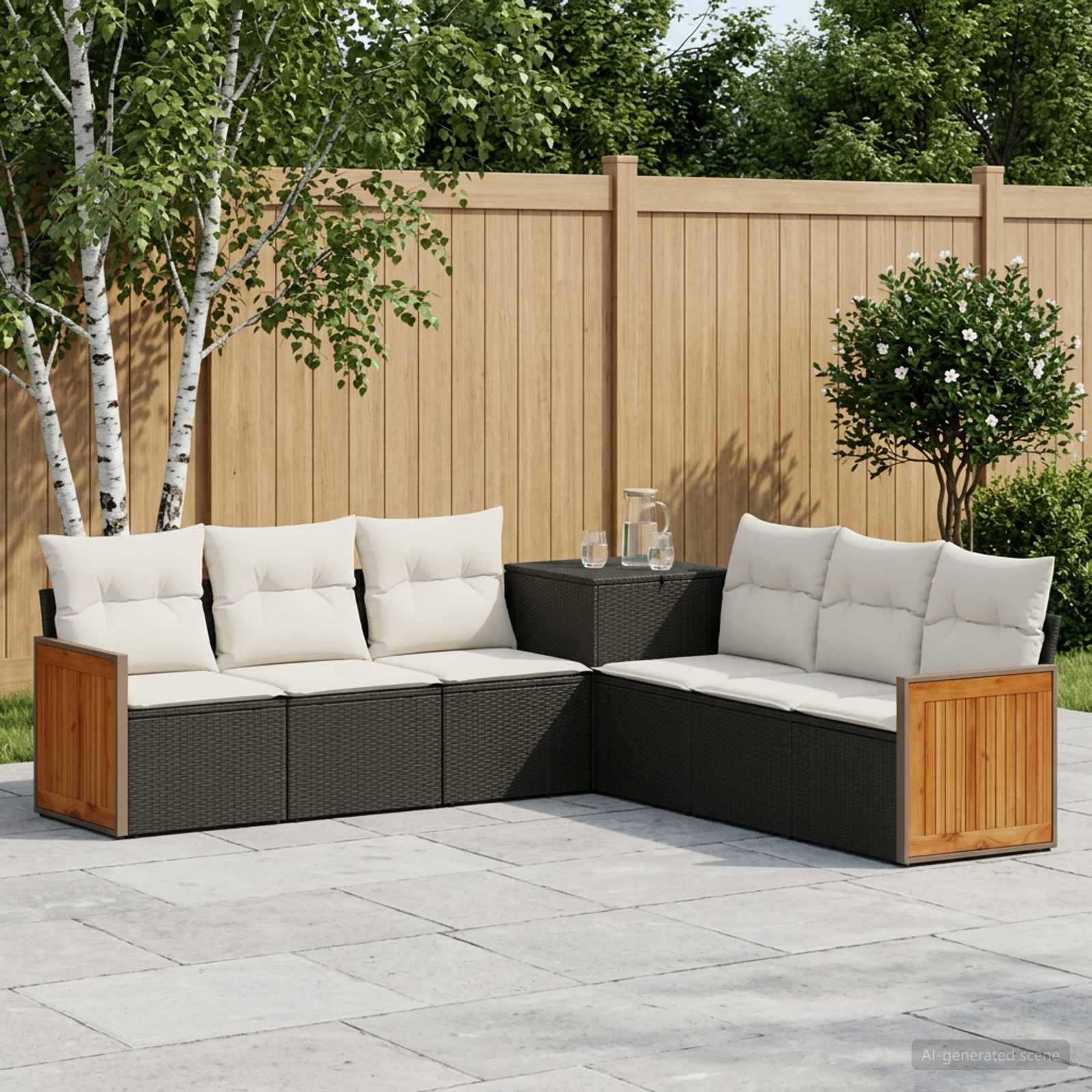 Sofa Set 7 pcs Schwarz und Cremeweiß Polyrattan und Stahl