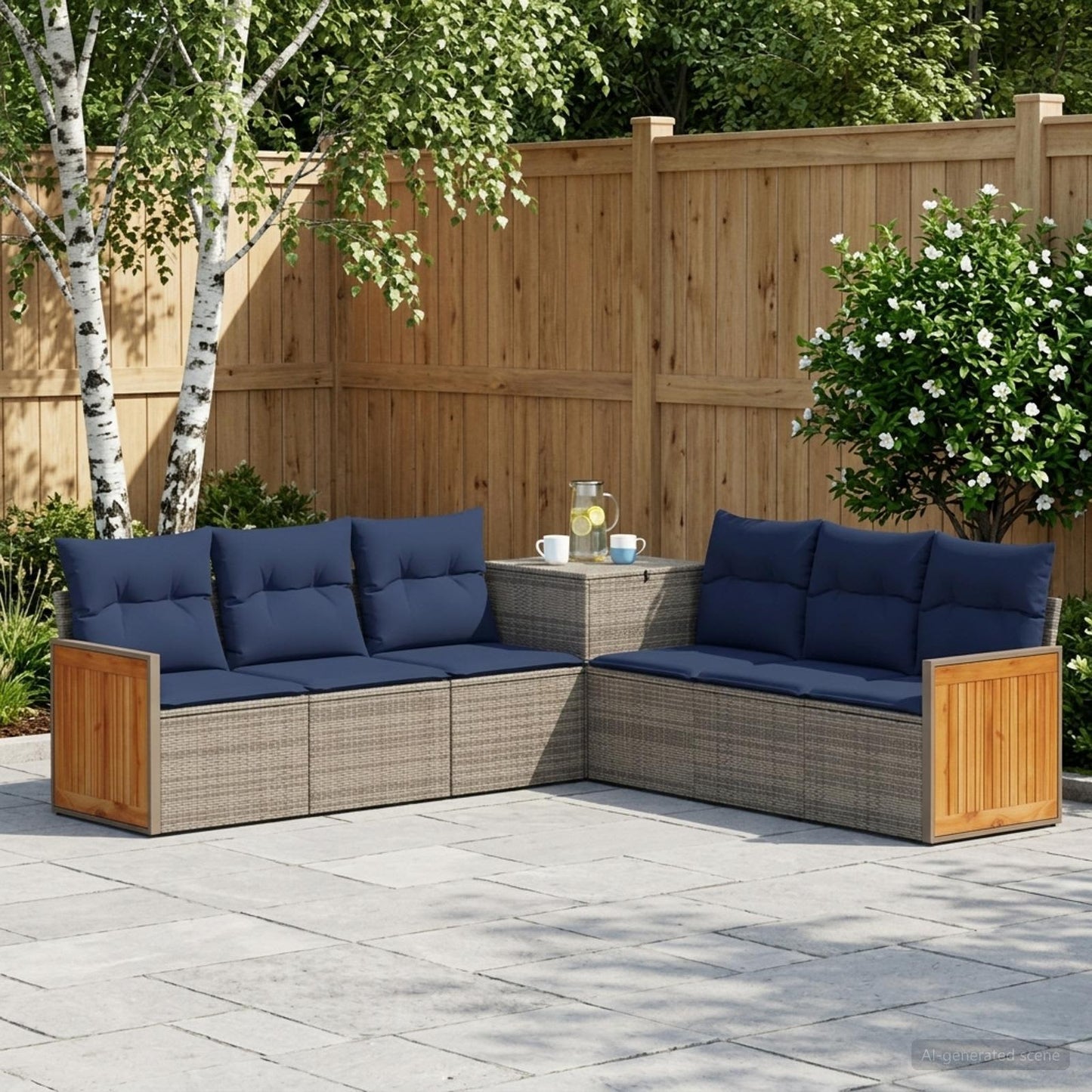 Sofa Set 7 pcs Grau und Marineblau Polyrattan und Stahl