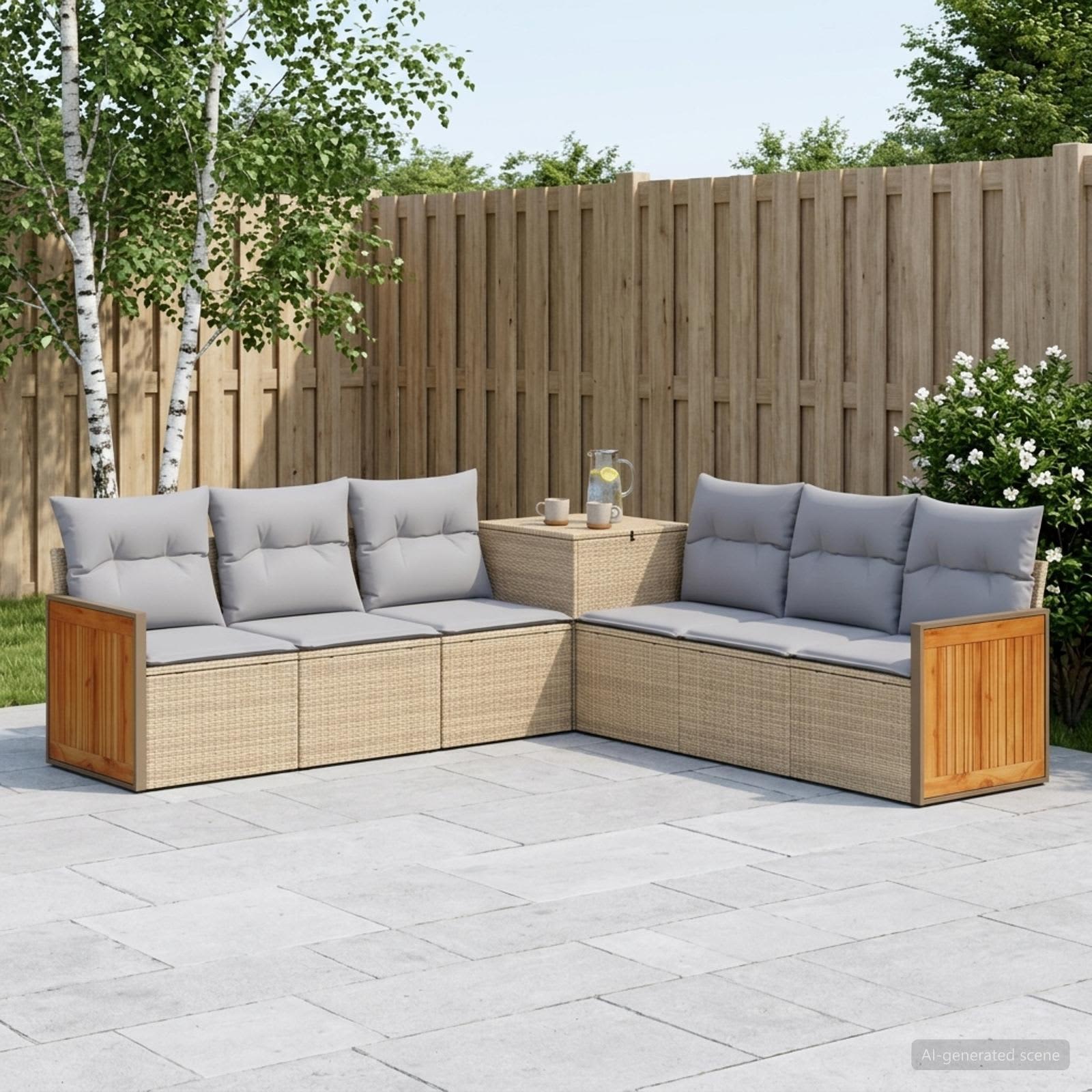 Sofa Set 7 pcs Beige und Hellgrau Polyrattan und Stahl