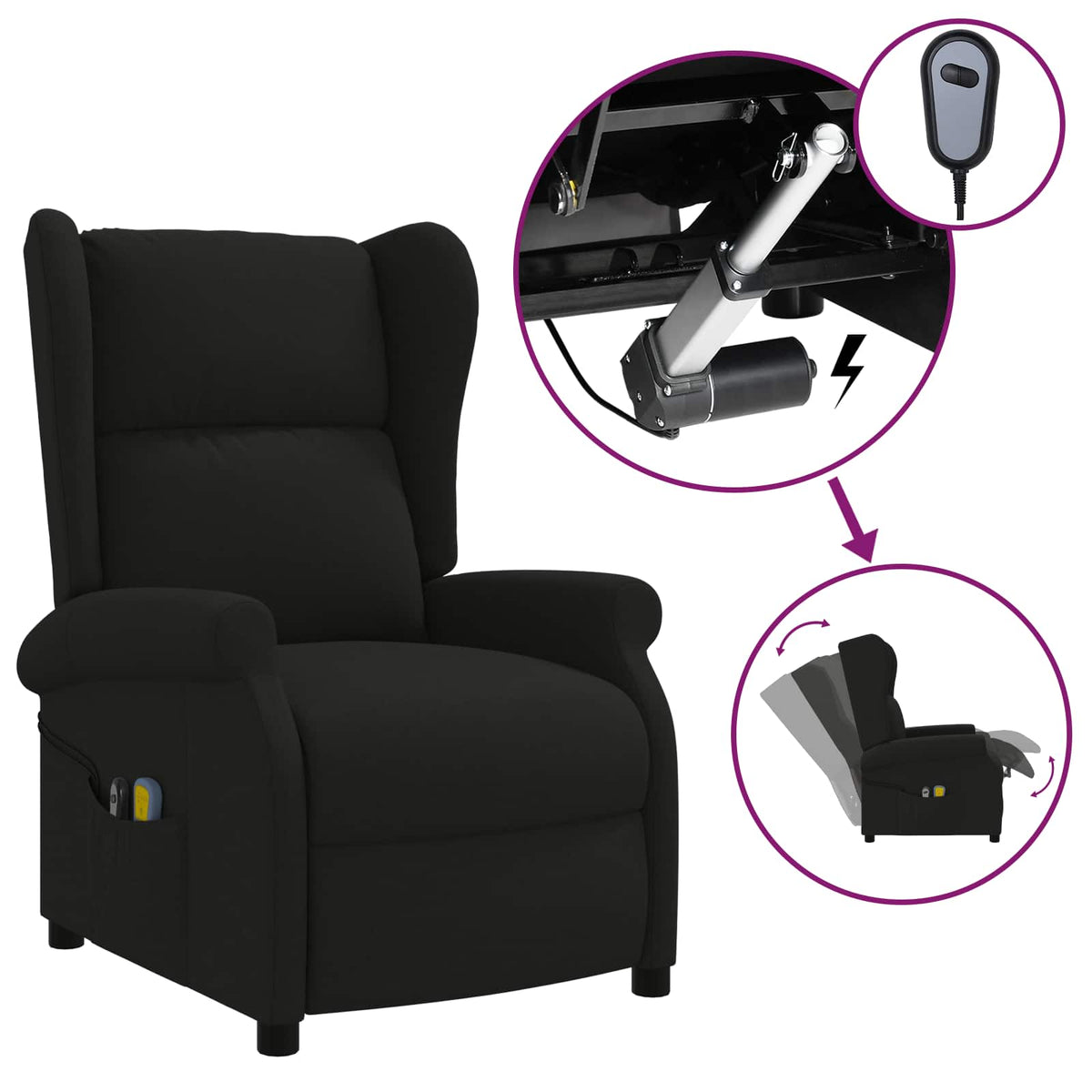 Wing Back elektrischer Massagesessel Schwarz Stoff