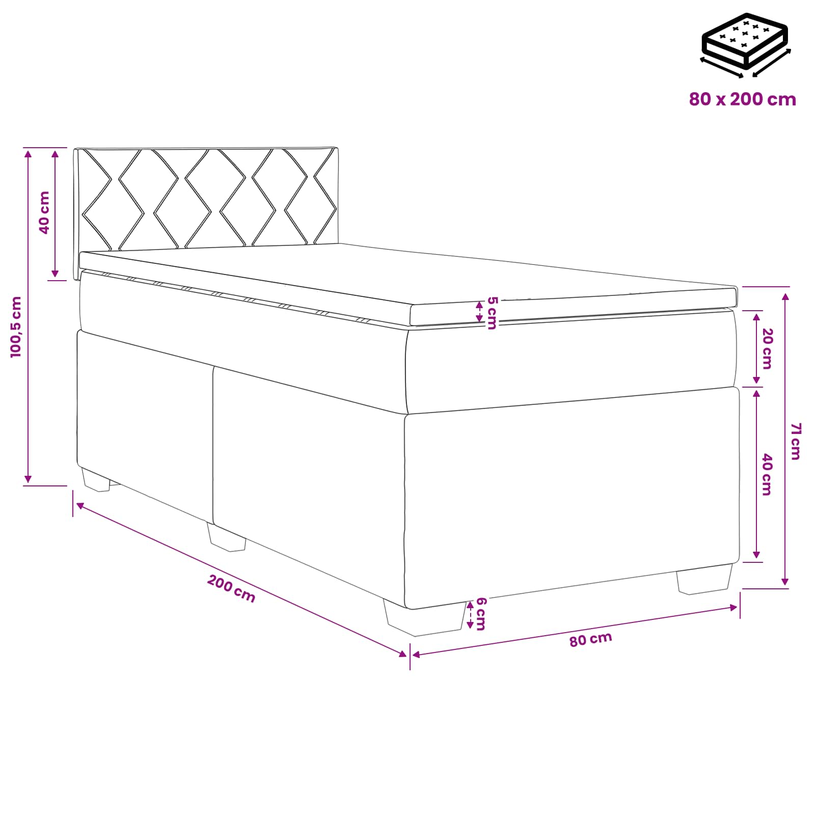 Boxspringbett mit Matratze Schwarz 80 x 200 cm Stoff