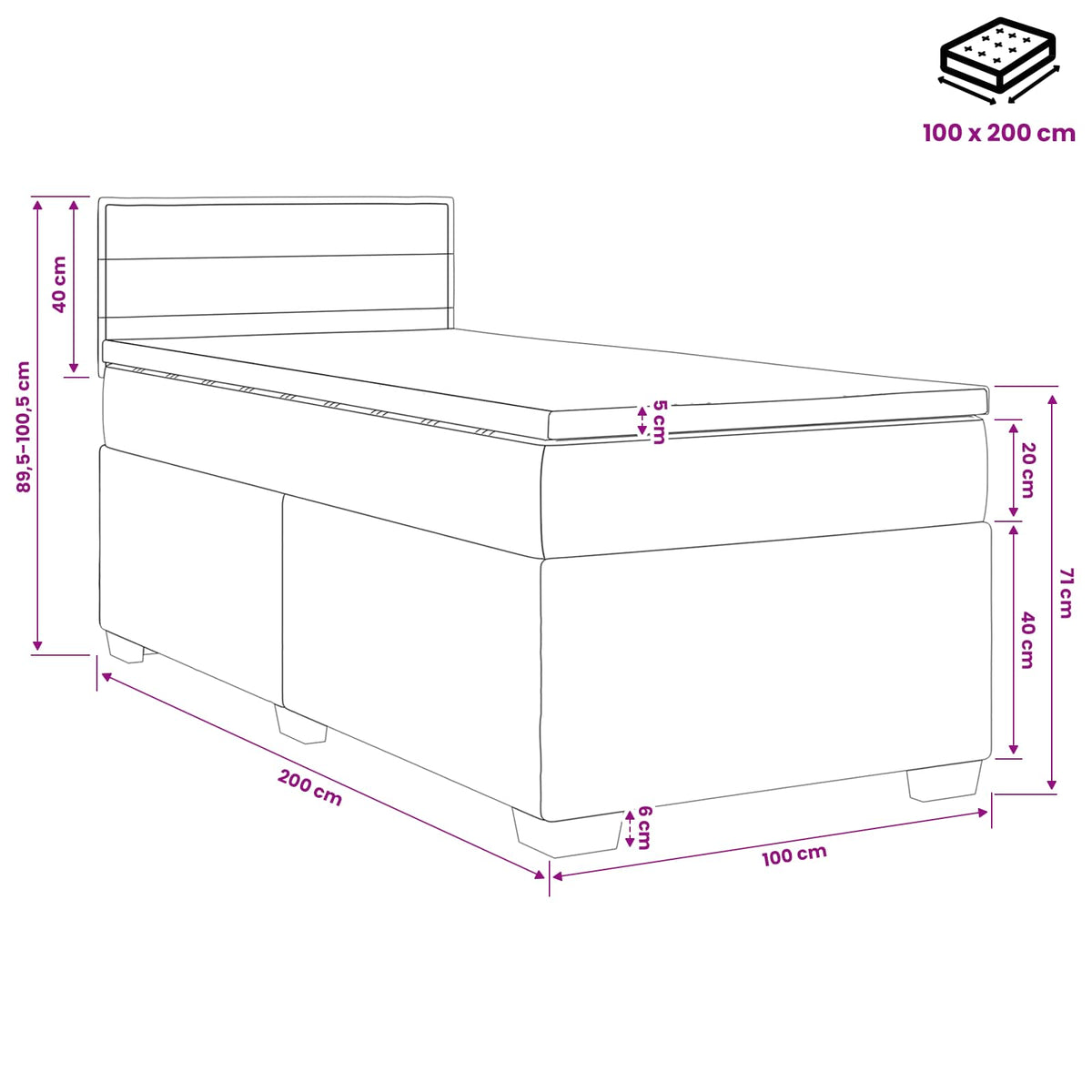 Boxspringbett mit Matratze Schwarz 100 x 200 cm Stoff