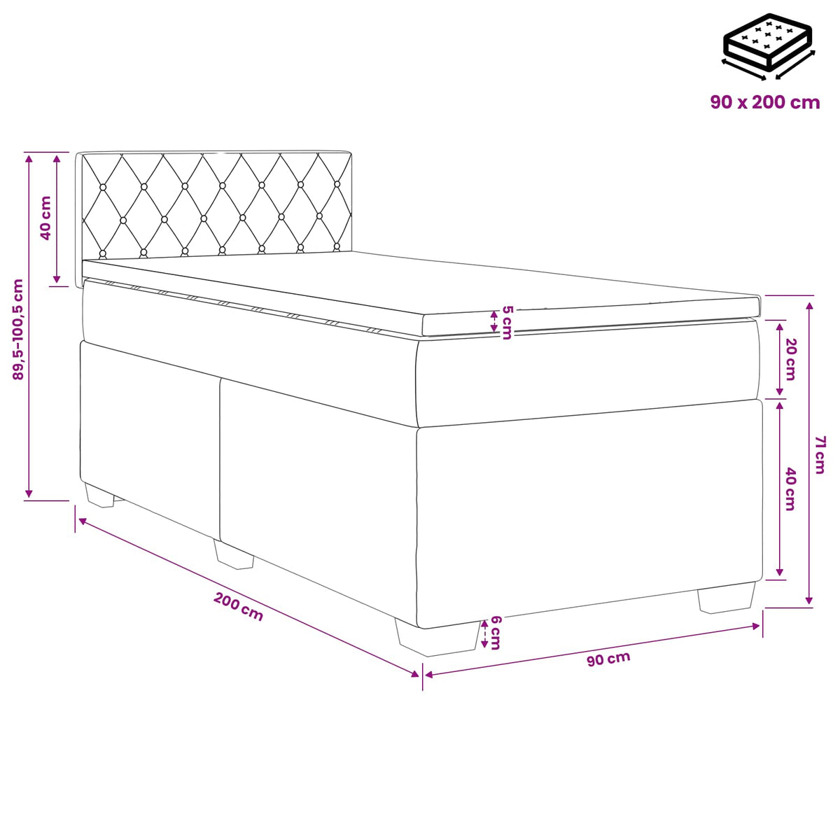Boxspringbett mit Matratze Hellgrau 90 x 200 cm Samt