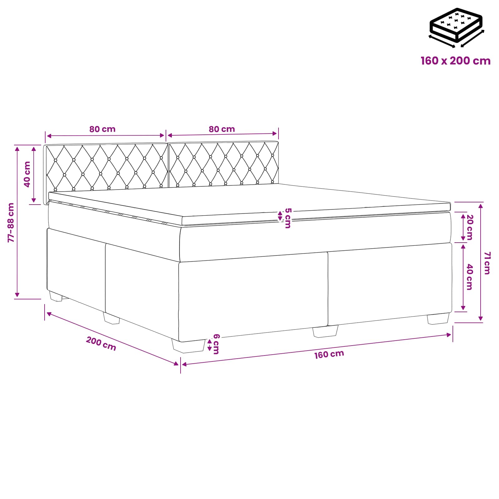 Boxspringbett mit Matratze Schwarz 160 x 200 cm Samt