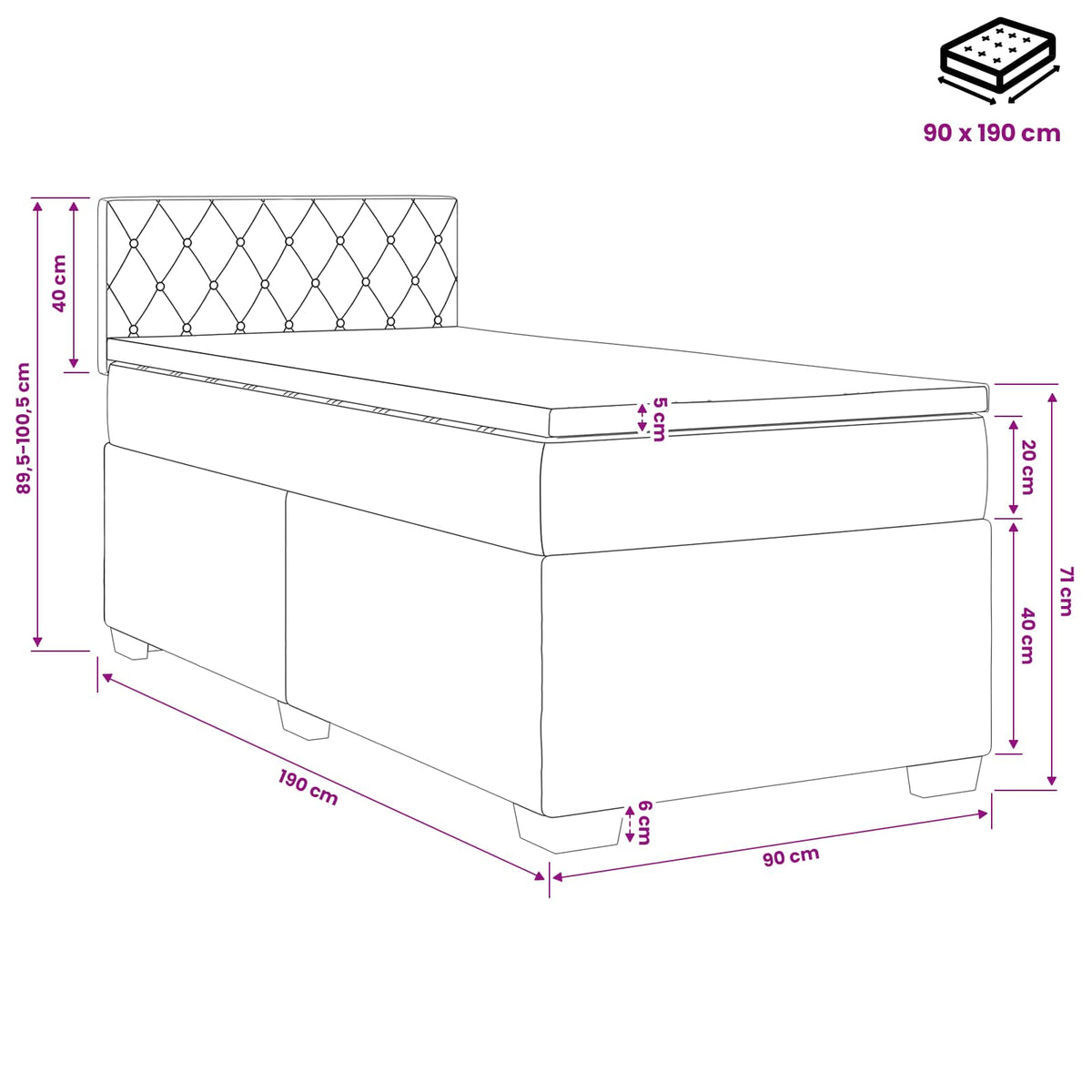 Boxspringbett mit Matratze Hellgrau 90 x 190 cm Samt